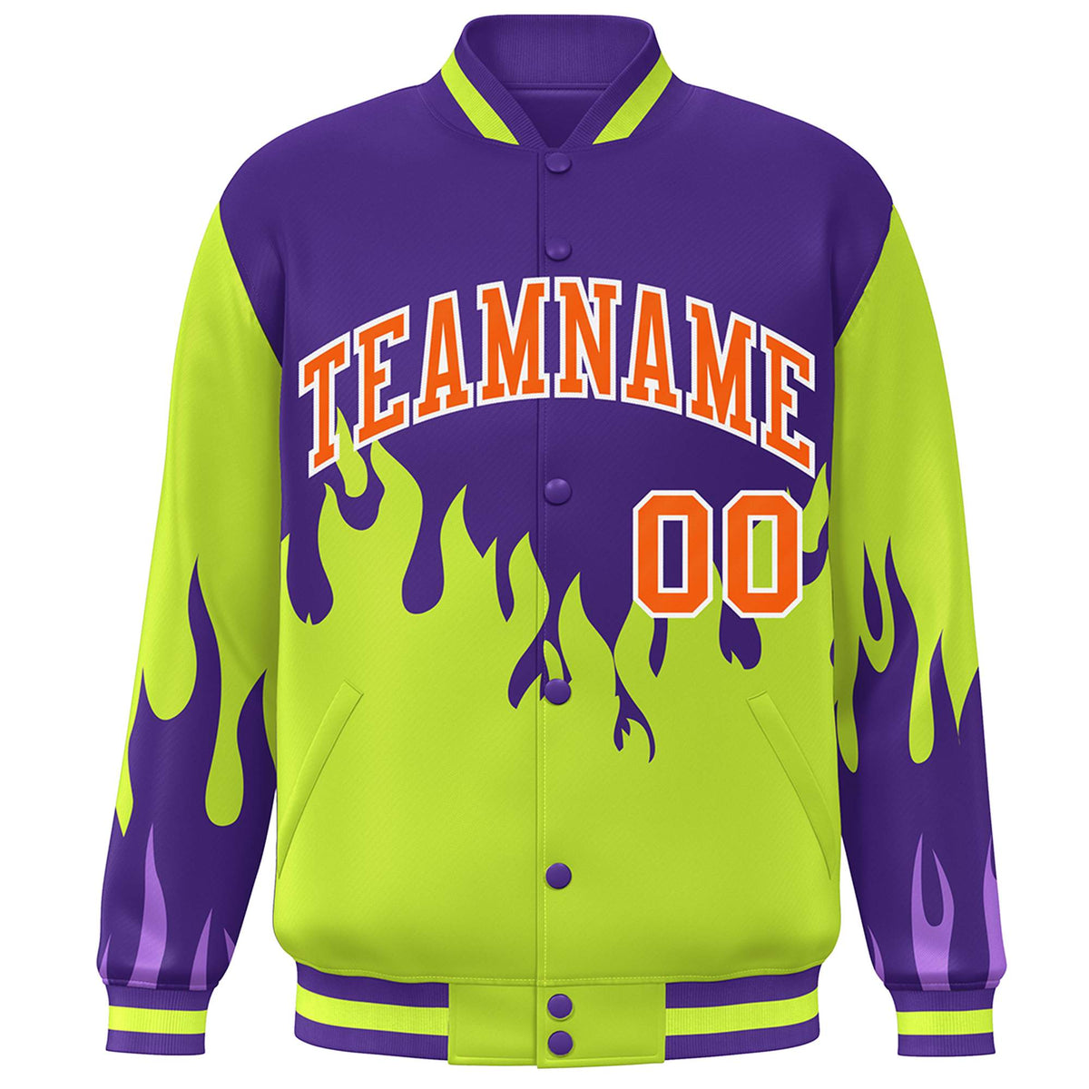 Custom Purple Neon Green-Orange Flame Graffiti Pattern Bomber Varsity Full-Snap Jacket