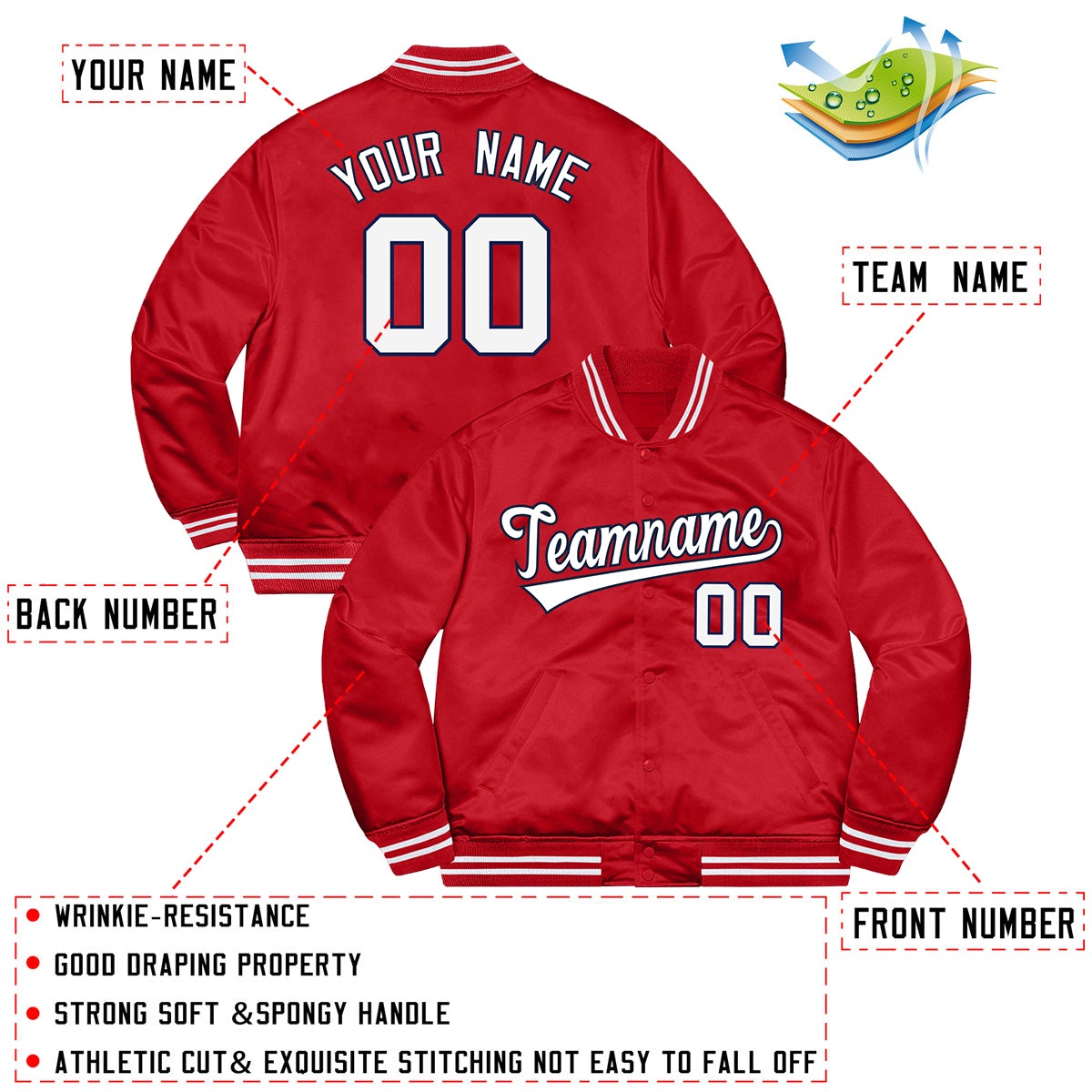 Custom Red White-Navy Letterman Solider Classic Style Varsity Full-Snap Jacket