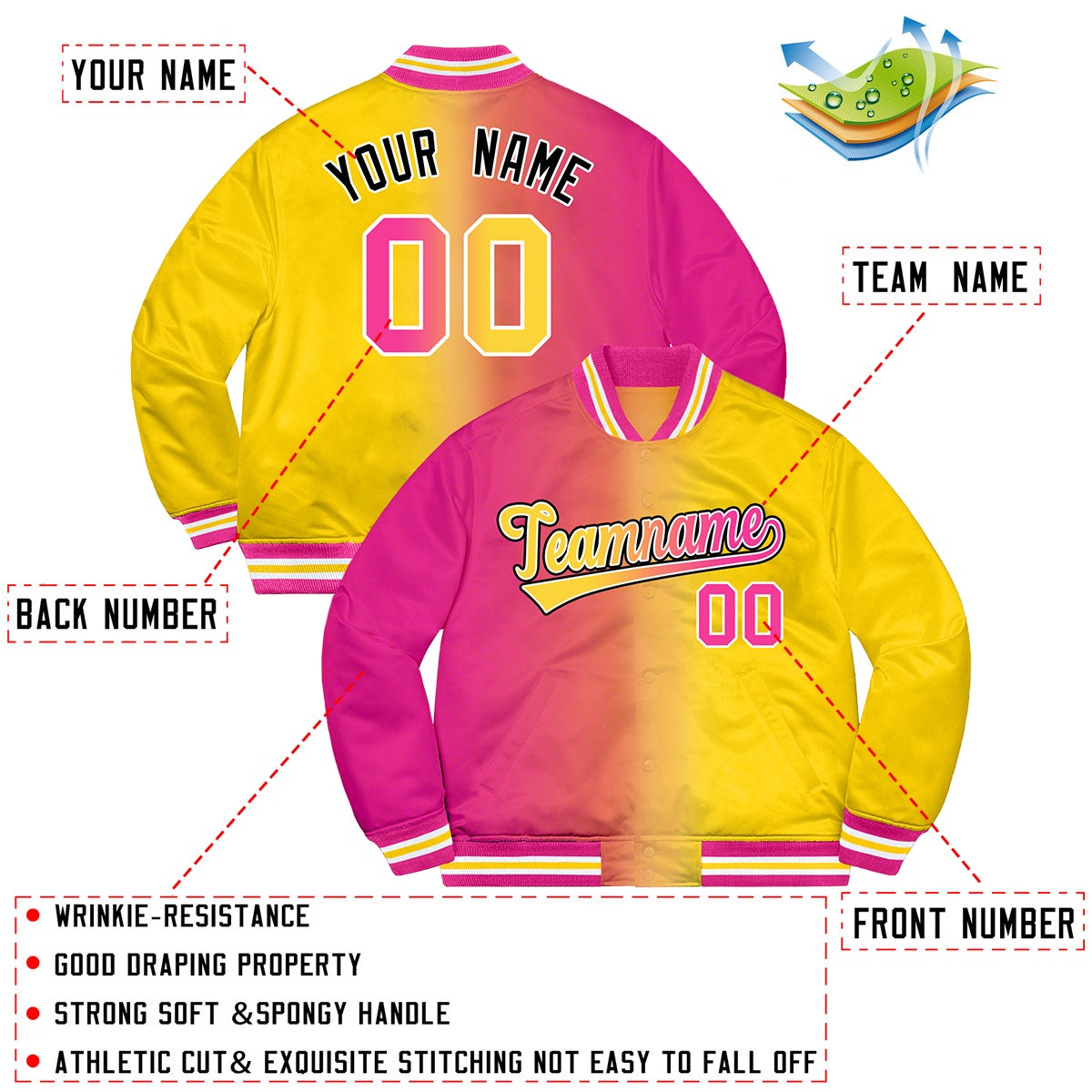Custom Gold Pink-Black Two Tone Gradient Fashion Letterman Bomber Varsity Jacket
