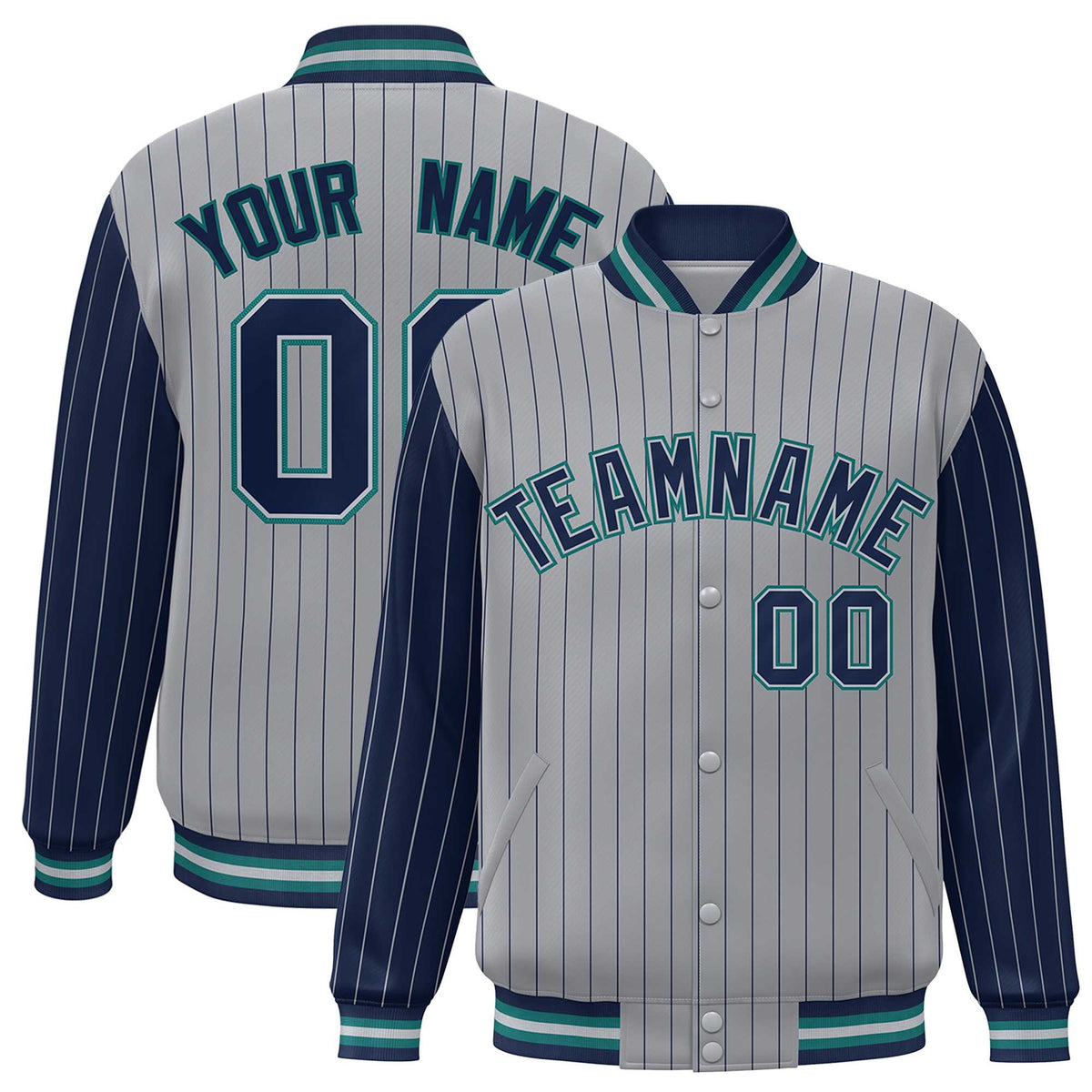 Custom Gray Navy Raglan Sleeves Varsity Full-Snap Pinstripe Letterman Baseball Jacket