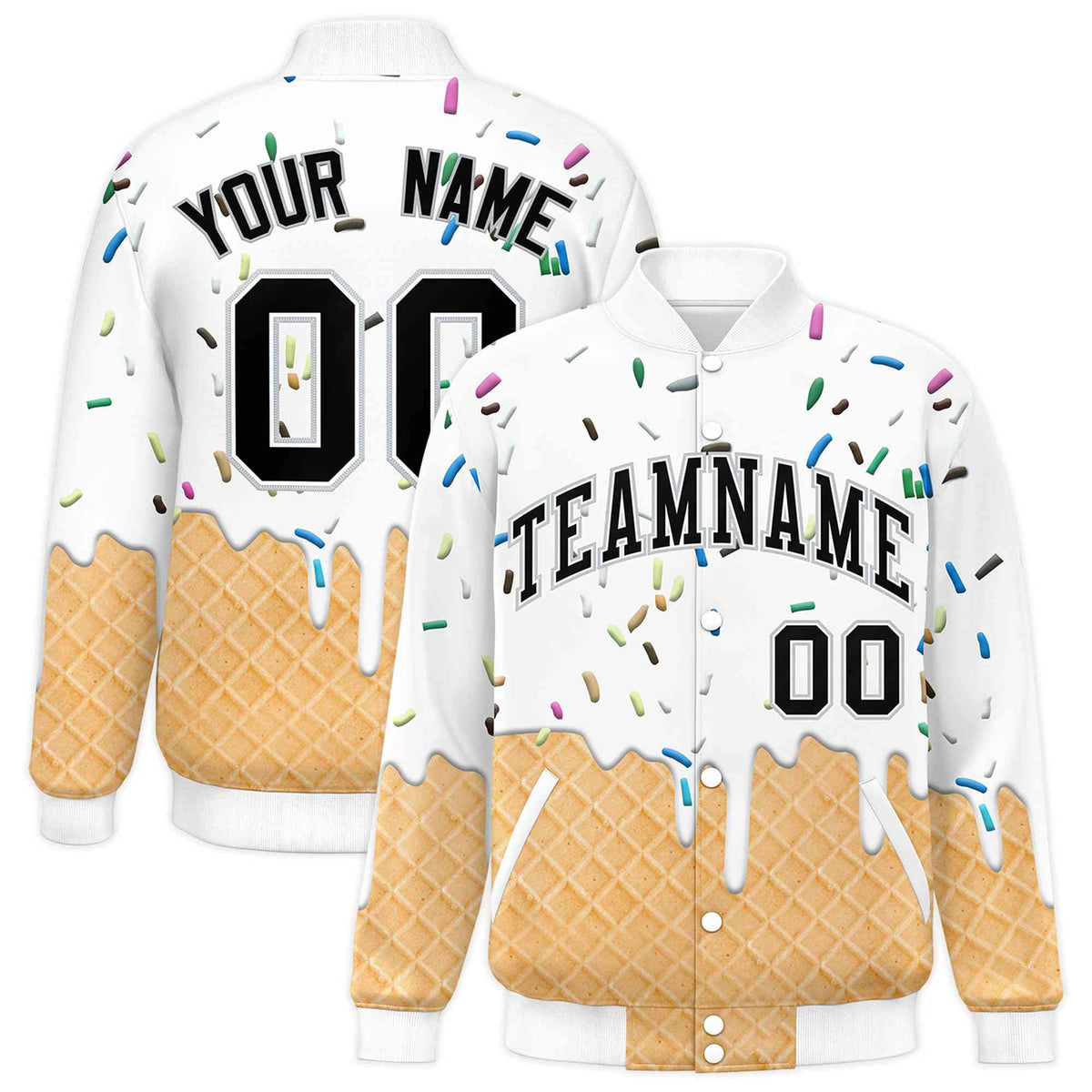 Custom White Ice Cream Cone Graffiti Pattern Full-Snap Varsity Letterman Jackets