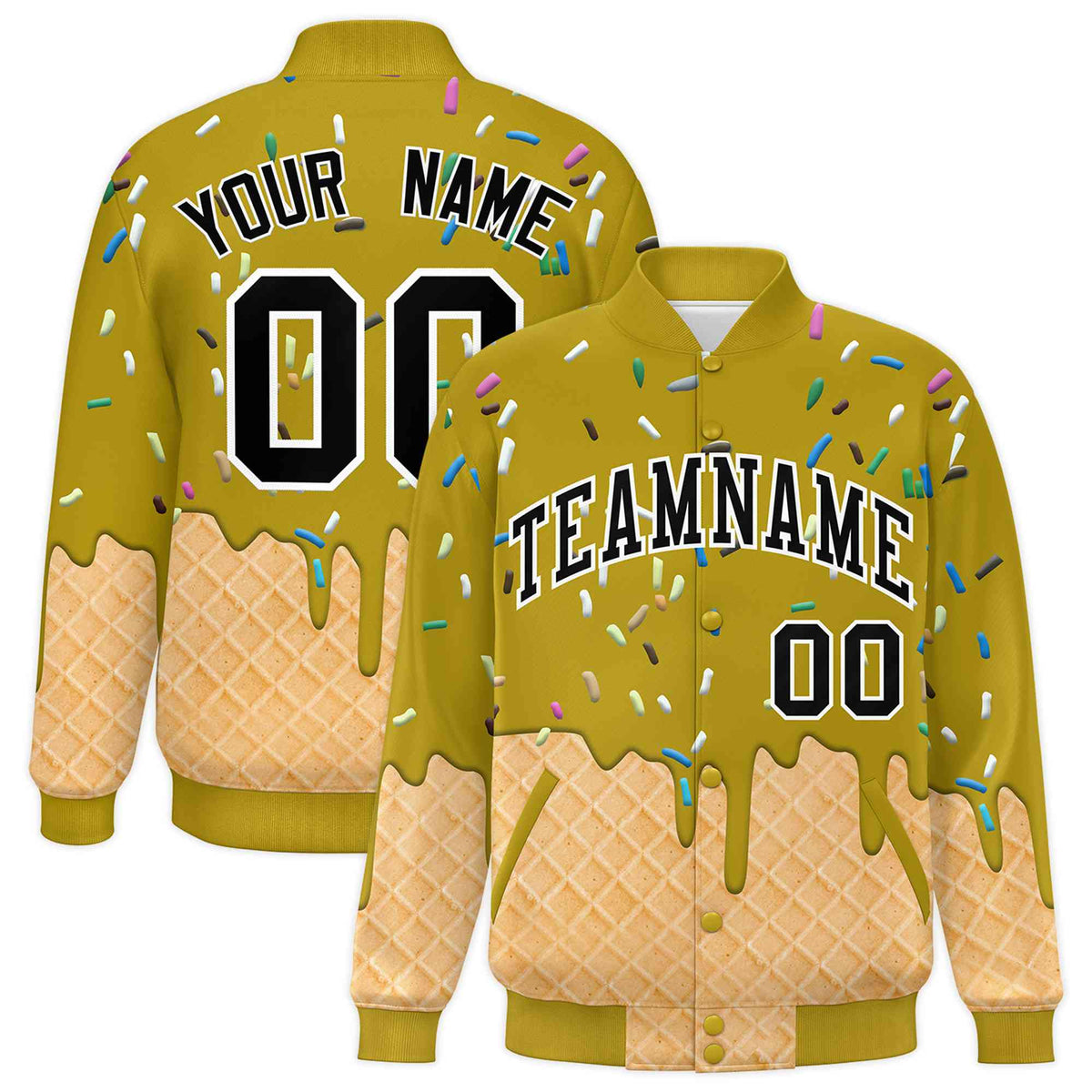 Custom Old Gold Ice Cream Cone Graffiti Pattern Full-Snap Varsity Letterman Jackets