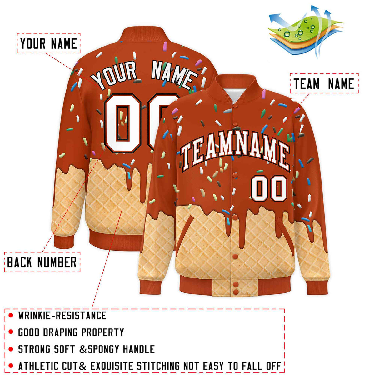 Custom Dark Orange Ice Cream Cone Graffiti Pattern Full-Snap Varsity Letterman Jackets