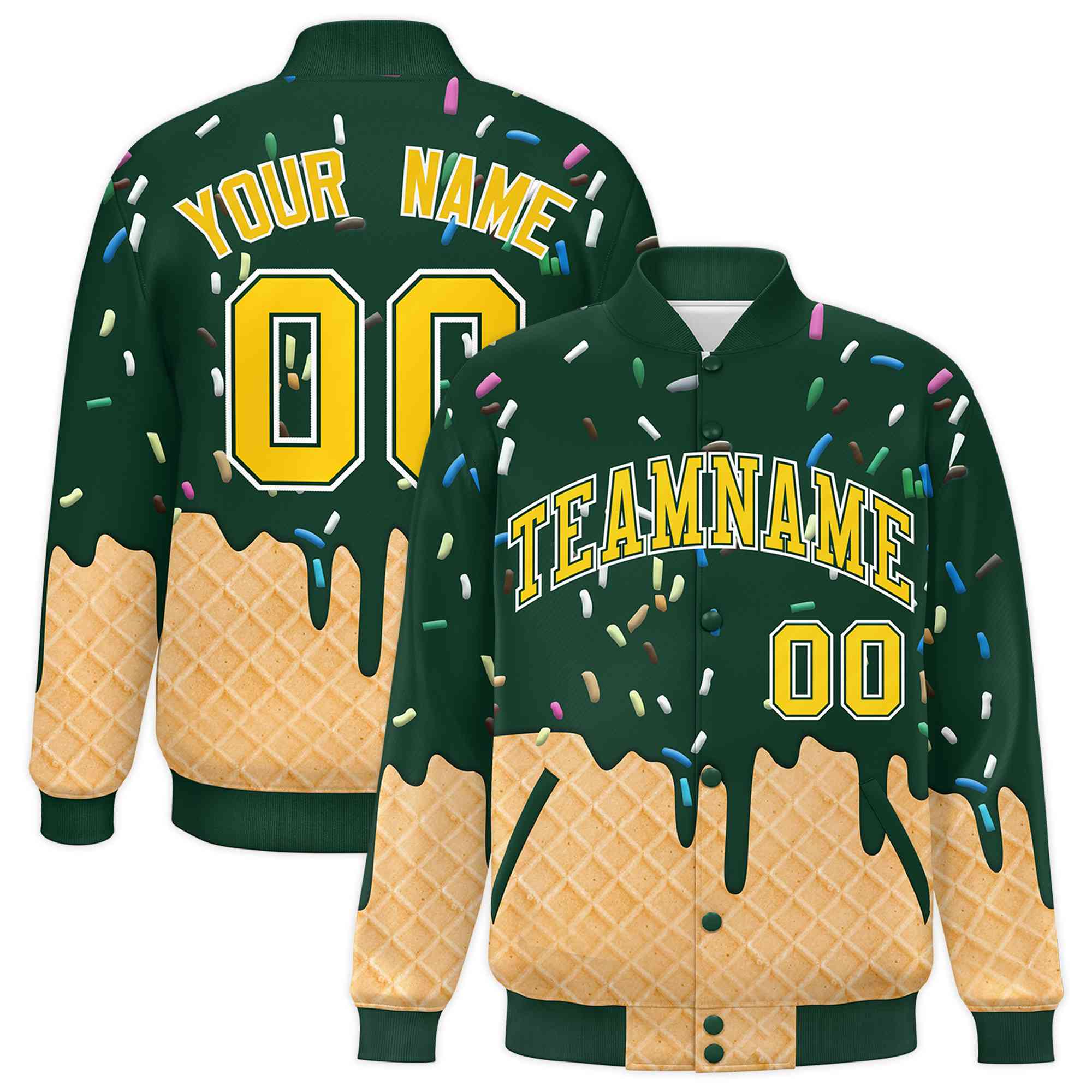 Custom Green Ice Cream Cone Graffiti Pattern Full-Snap Varsity Letterman Jackets