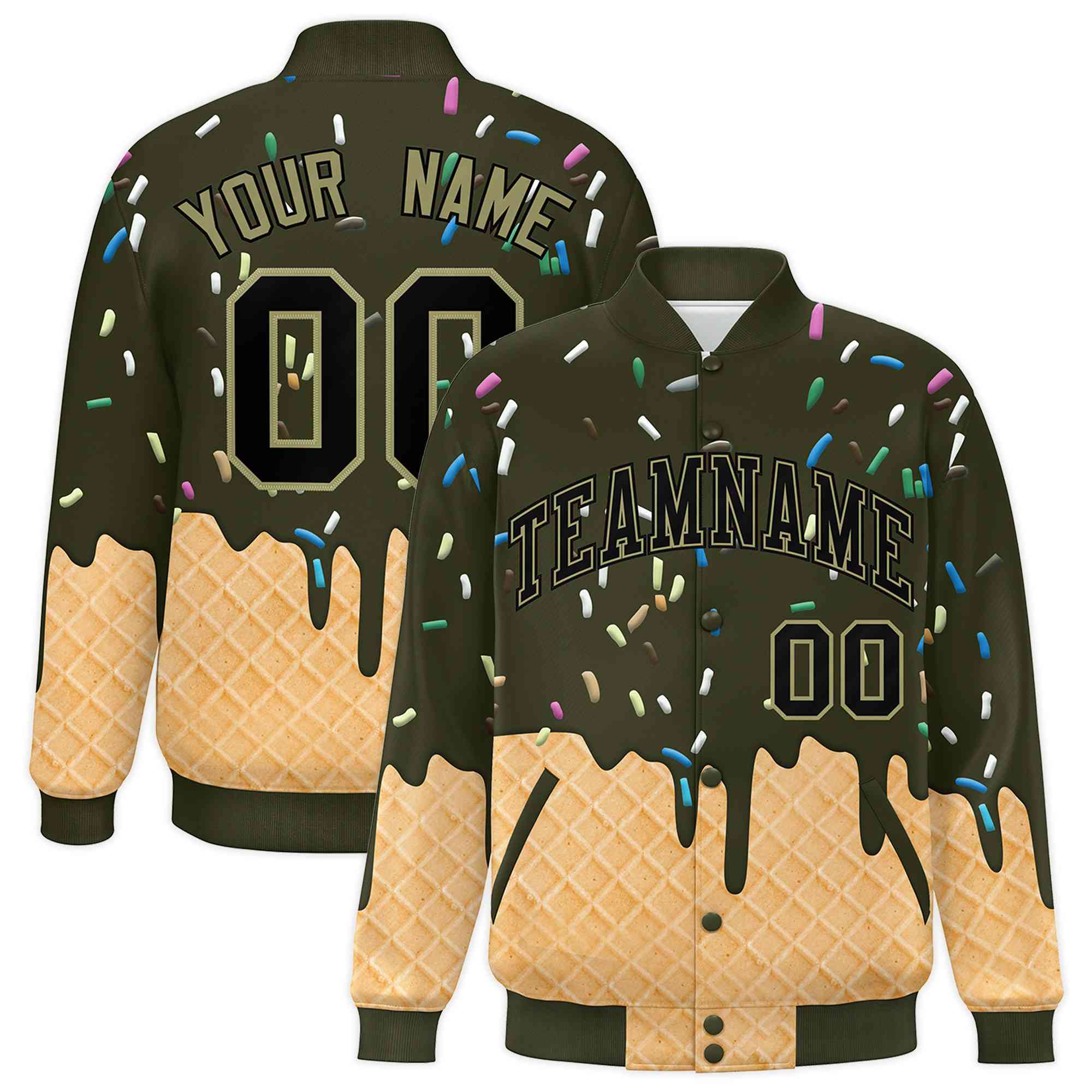 Custom Olive Ice Cream Cone Graffiti Pattern Full-Snap Varsity Letterman Jackets