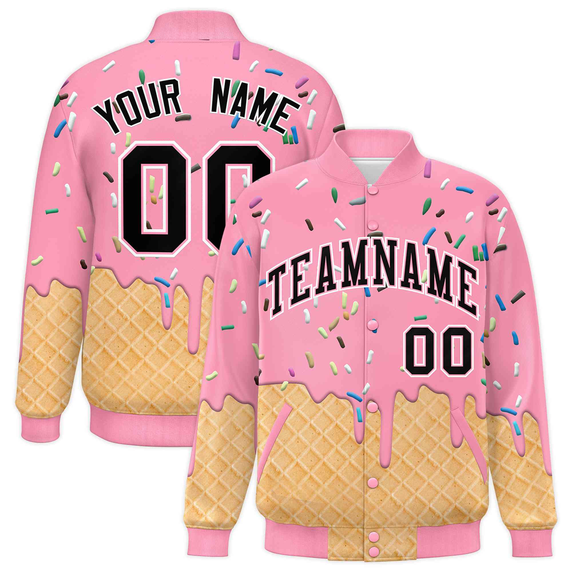 Custom Light Pink Ice Cream Cone Graffiti Pattern Full-Snap Varsity Letterman Jackets