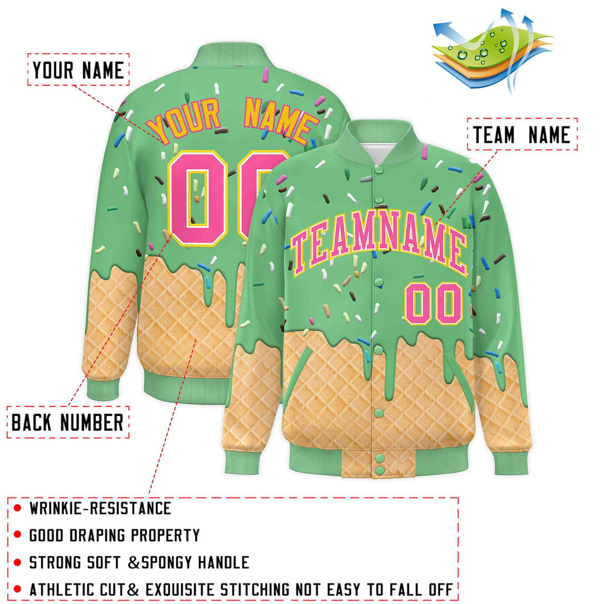 Custom Neon Green Ice Cream Cone Graffiti Pattern Full-Snap Varsity Letterman Jackets