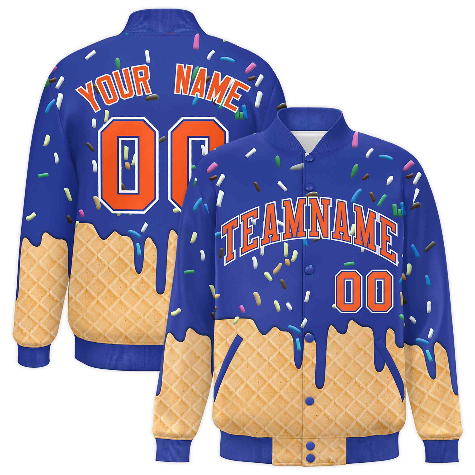 Custom Royal Blue Ice Cream Cone Graffiti Pattern Full-Snap Varsity Letterman Jackets