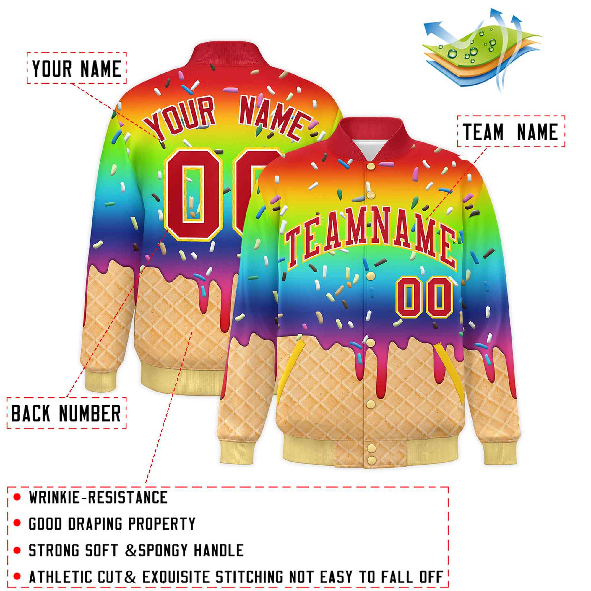 Custom Rainbow Ice Cream Cone Graffiti Pattern Full-Snap Varsity Letterman Jackets