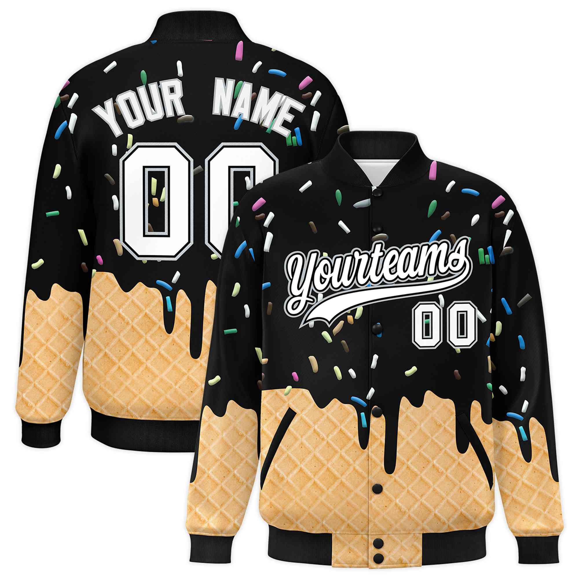 Custom Black Ice Cream Cone Graffiti Pattern Full-Snap Varsity Letterman Jackets