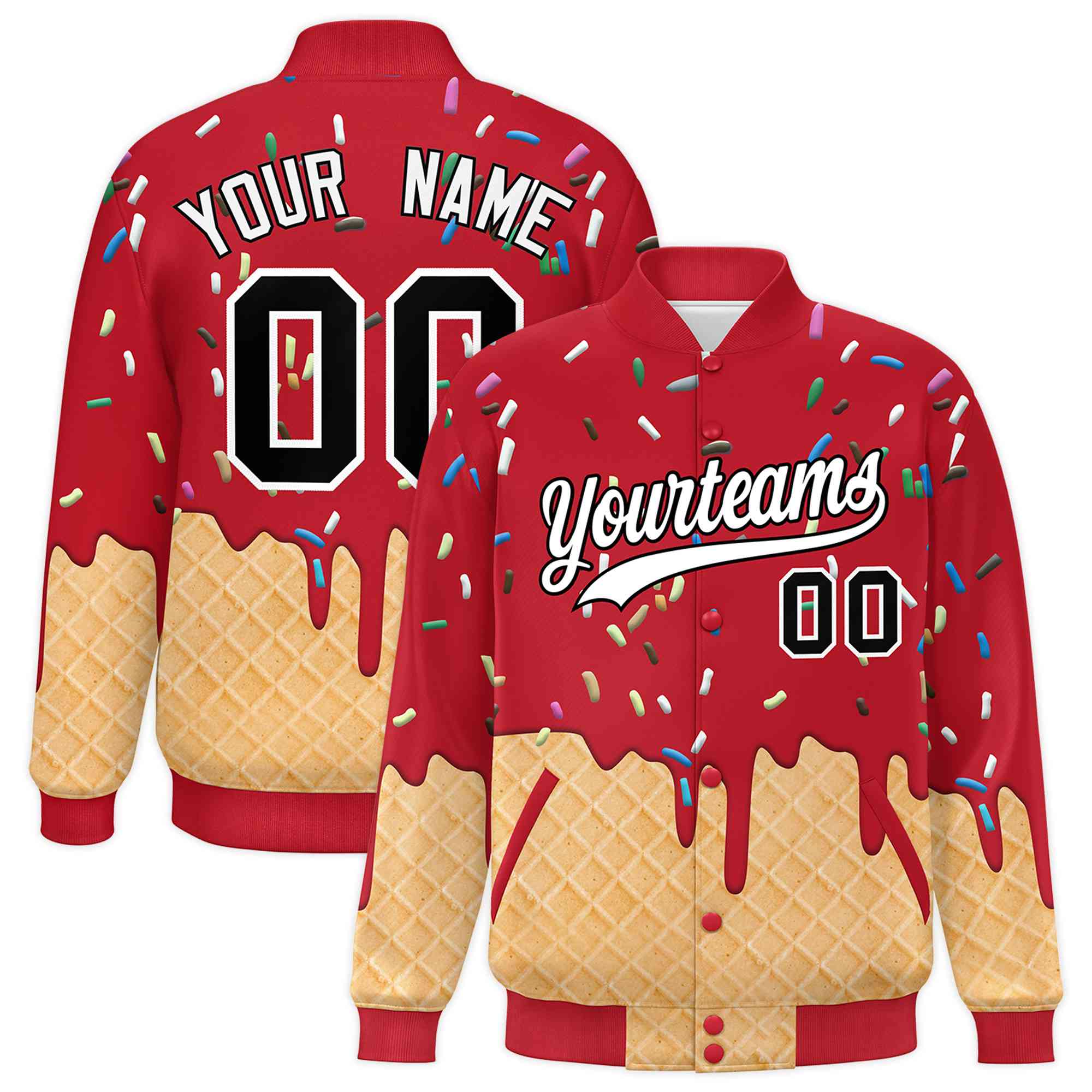 Custom Red Ice Cream Cone Graffiti Pattern Full-Snap Varsity Letterman Jackets