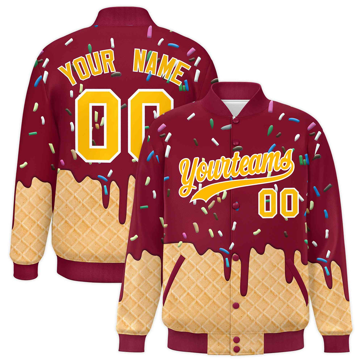 Custom Crimson Ice Cream Cone Graffiti Pattern Full-Snap Varsity Letterman Jackets