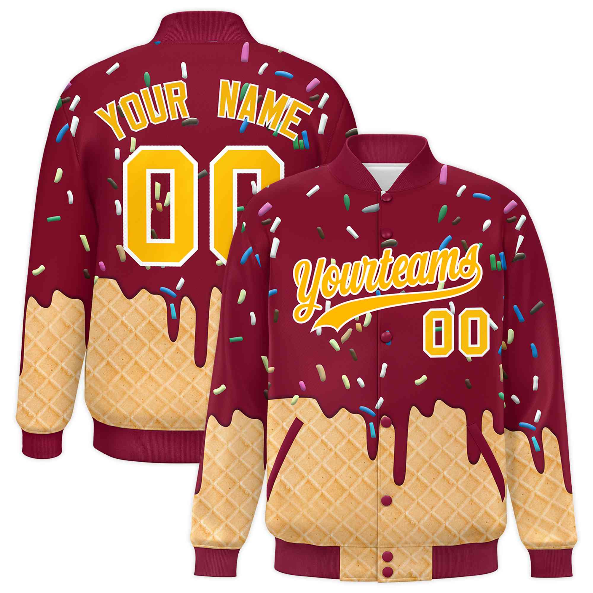 Custom Crimson Ice Cream Cone Graffiti Pattern Full-Snap Varsity Letterman Jackets