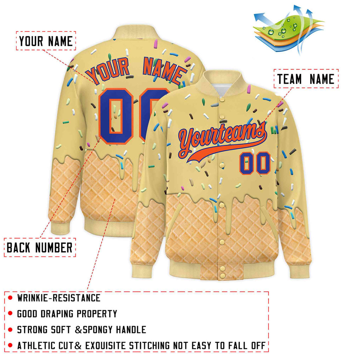 Custom Khaki Ice Cream Cone Graffiti Pattern Full-Snap Varsity Letterman Jackets