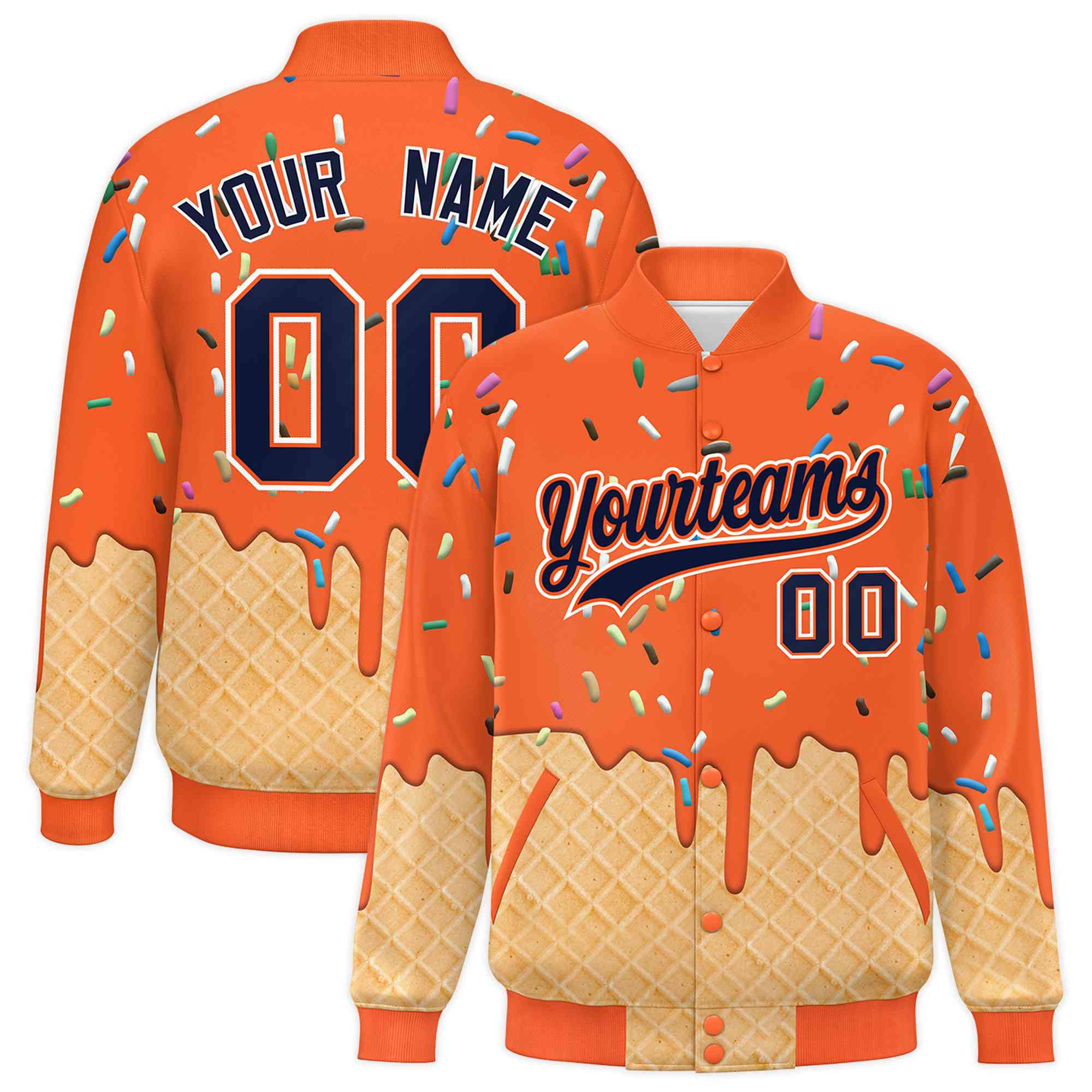 Custom Orange Ice Cream Cone Graffiti Pattern Full-Snap Varsity Letterman Jackets