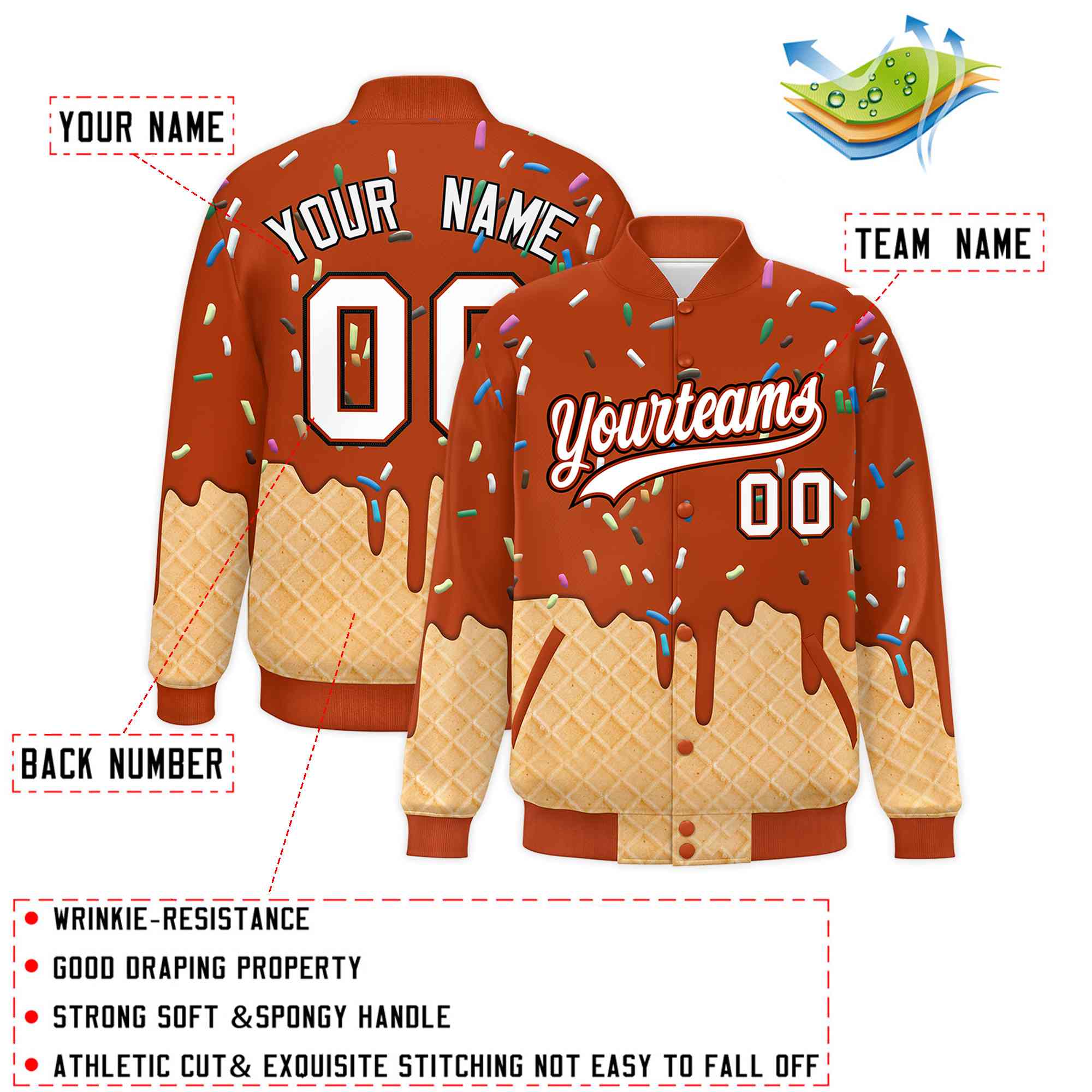 Custom Dark Orange Ice Cream Cone Graffiti Pattern Full-Snap Varsity Letterman Jackets