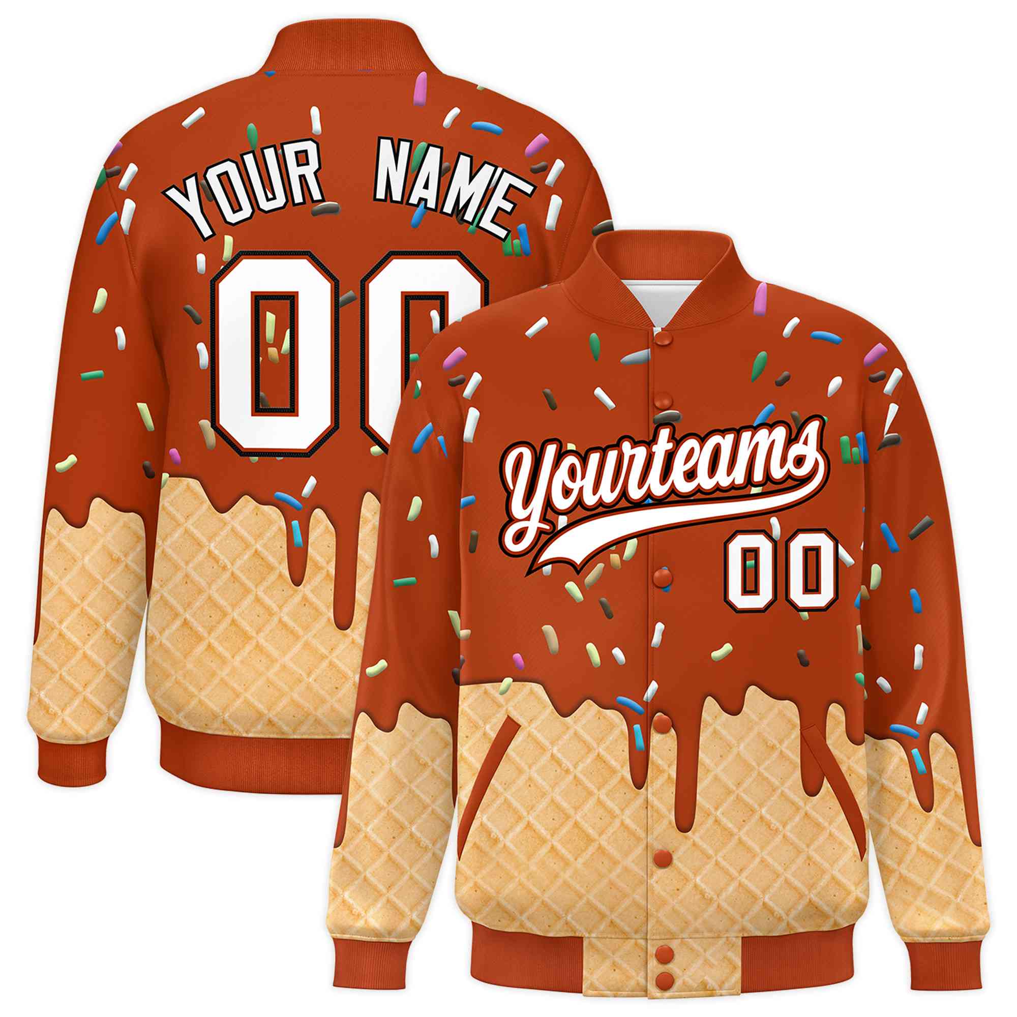 Custom Dark Orange Ice Cream Cone Graffiti Pattern Full-Snap Varsity Letterman Jackets