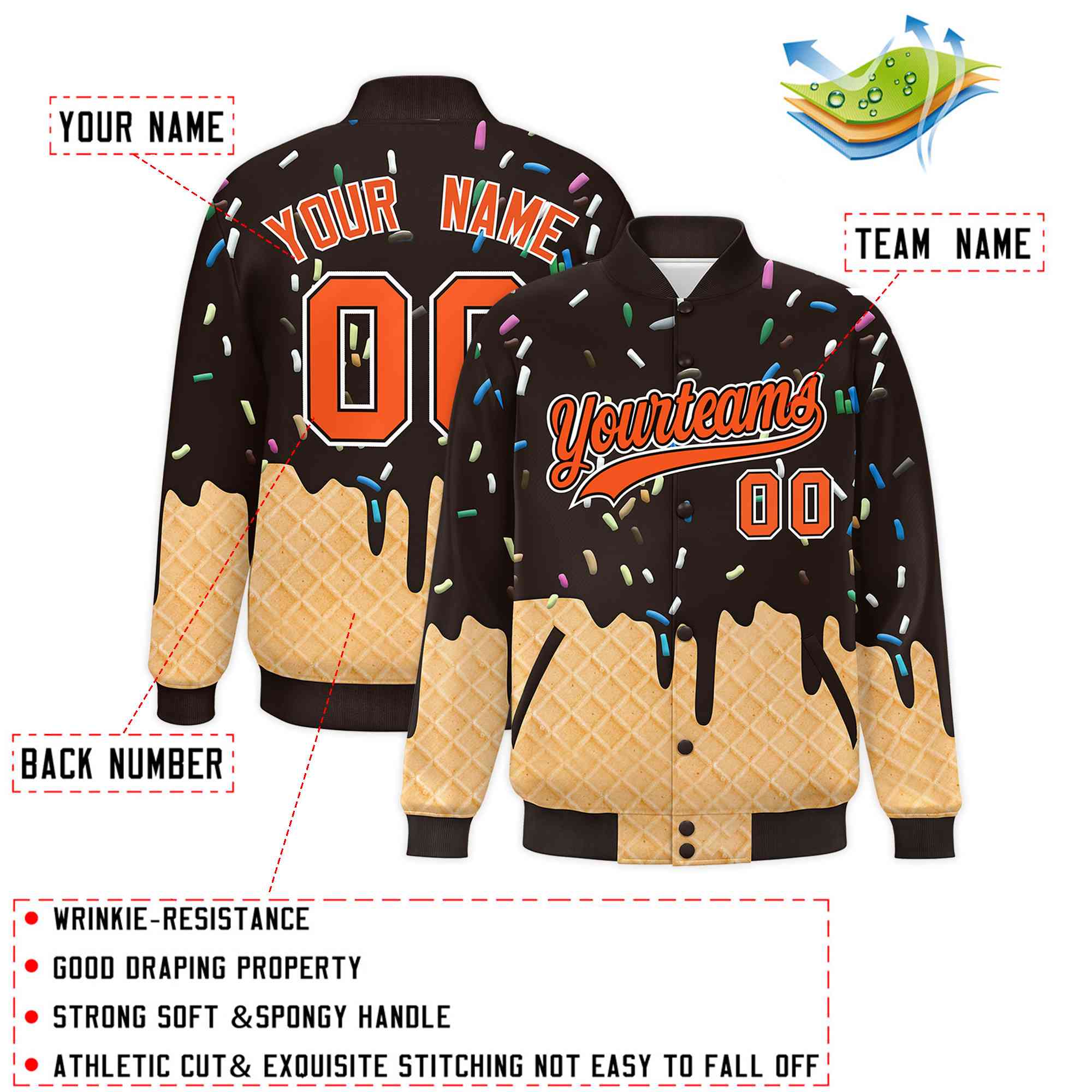 Custom Brown Ice Cream Cone Graffiti Pattern Full-Snap Varsity Letterman Jackets