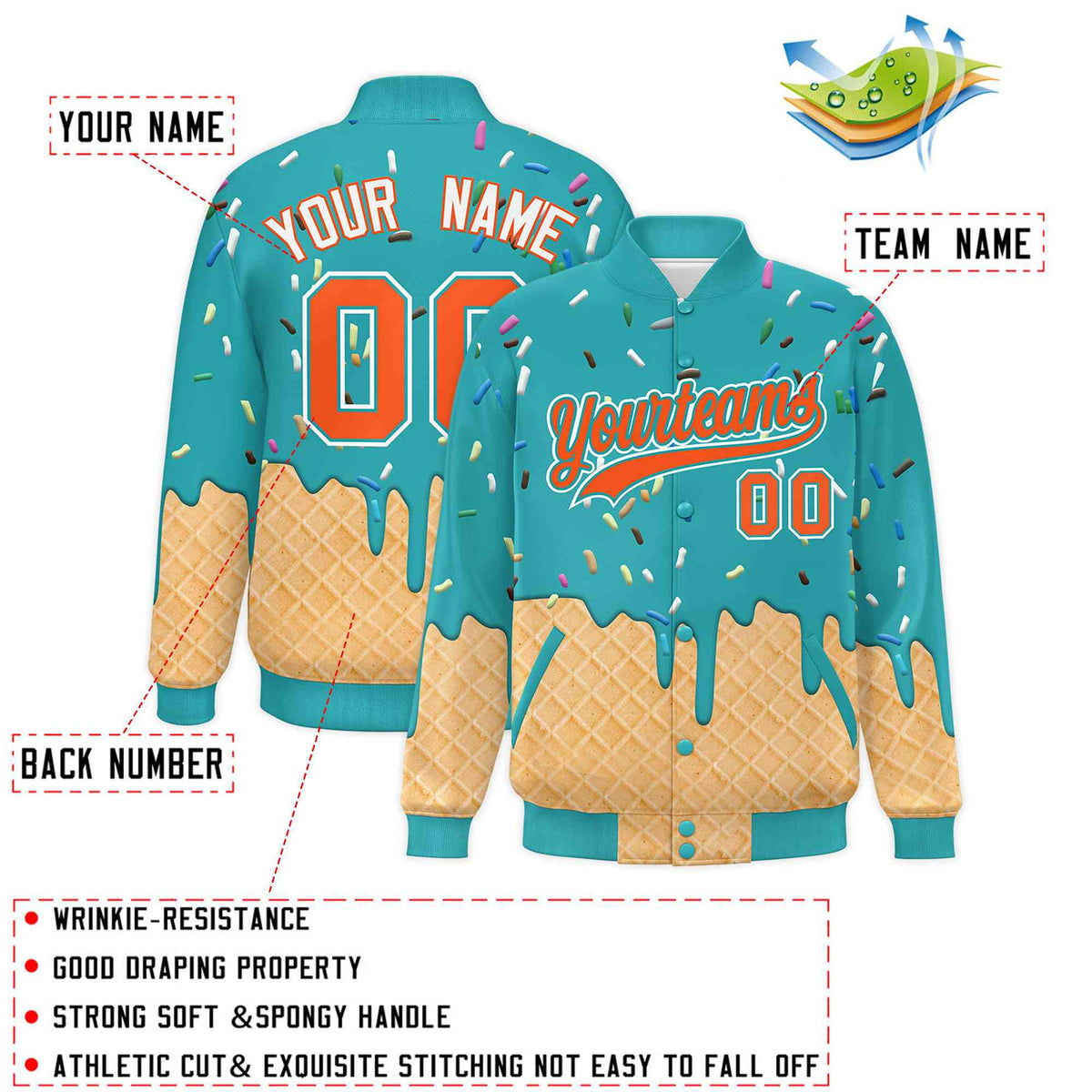 Custom Aqua Ice Cream Cone Graffiti Pattern Full-Snap Varsity Letterman Jackets