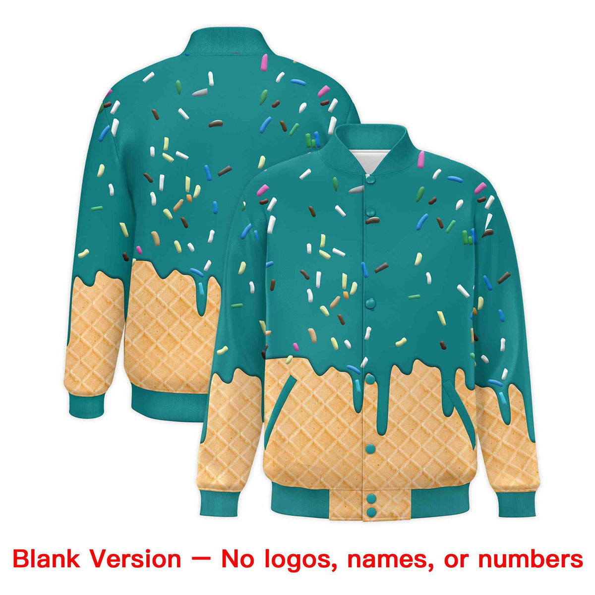 Custom Teal Ice Cream Cone Graffiti Pattern Full-Snap Varsity Letterman Jackets