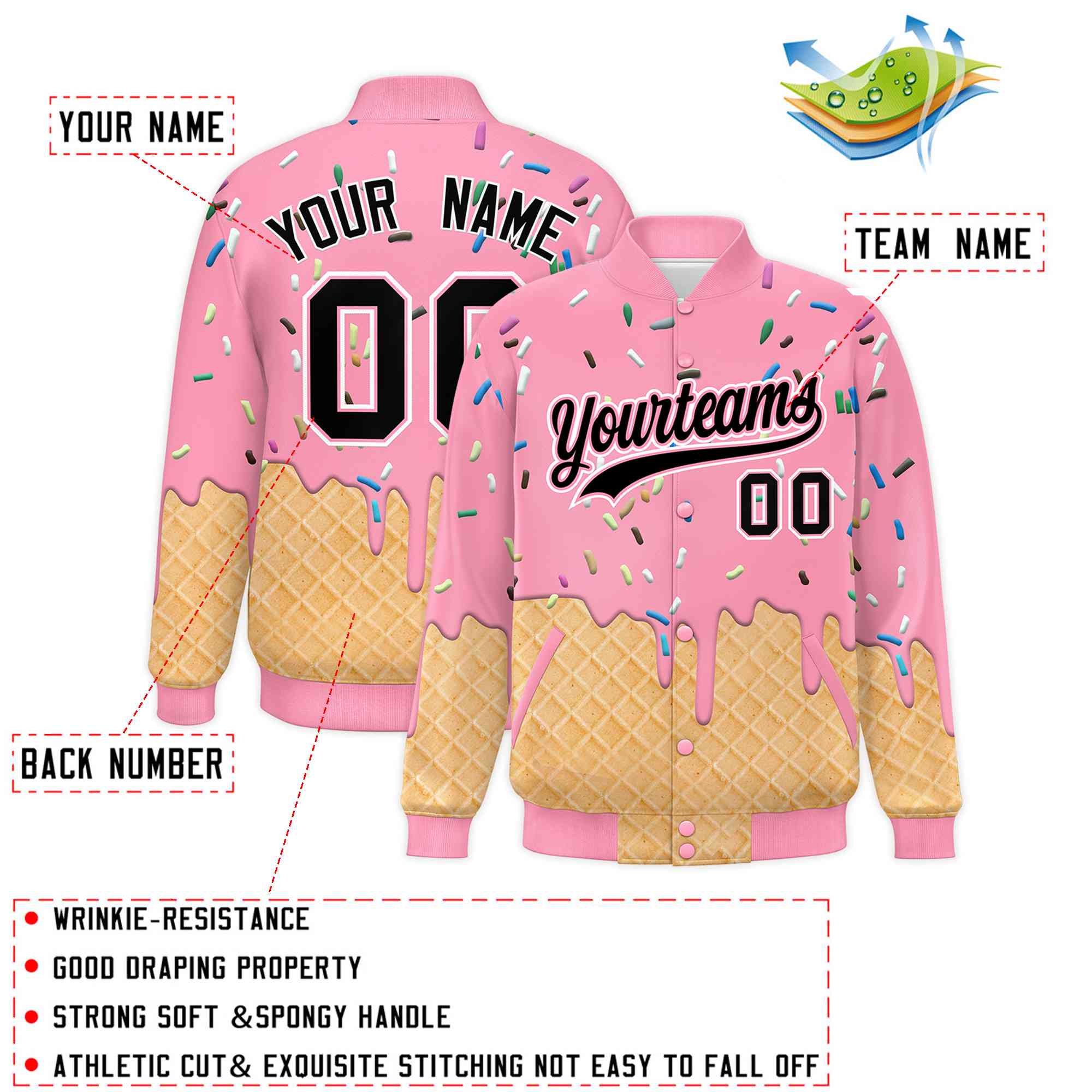 Custom Light Pink Ice Cream Cone Graffiti Pattern Full-Snap Varsity Letterman Jackets