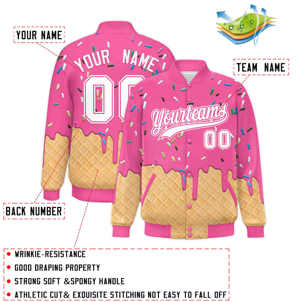 Custom Pink Ice Cream Cone Graffiti Pattern Full-Snap Varsity Letterman Jackets