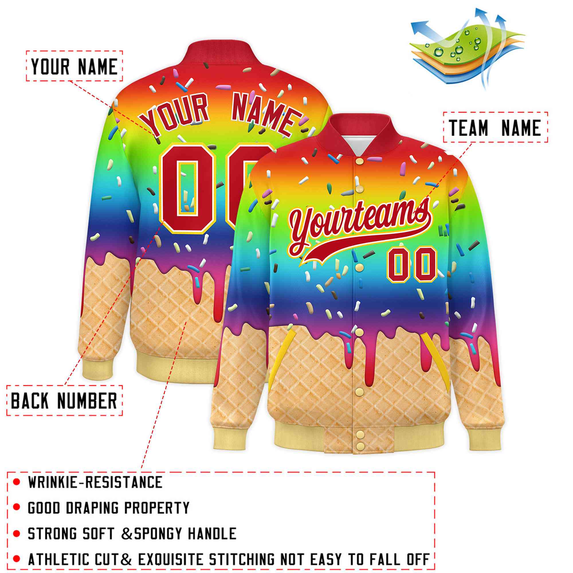 Custom Rainbow Ice Cream Cone Graffiti Pattern Full-Snap Varsity Letterman Jackets