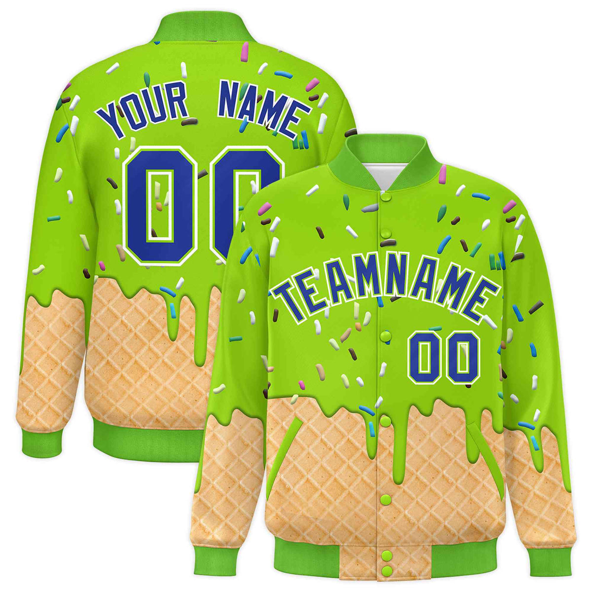 Custom Neon Green Ice Cream Cone Graffiti Pattern Full-Snap Varsity Letterman Jackets