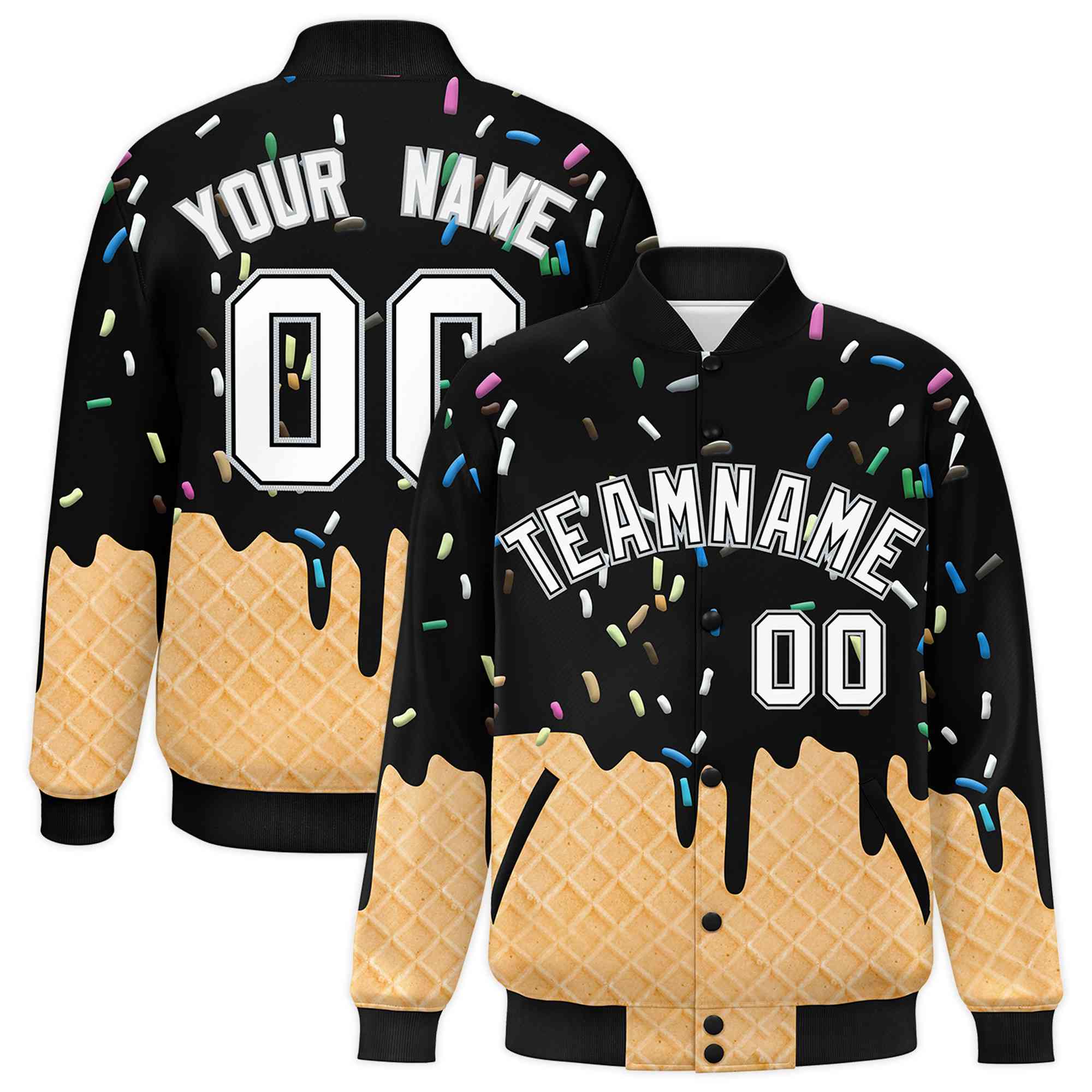 Custom Black Ice Cream Cone Graffiti Pattern Full-Snap Varsity Letterman Jackets