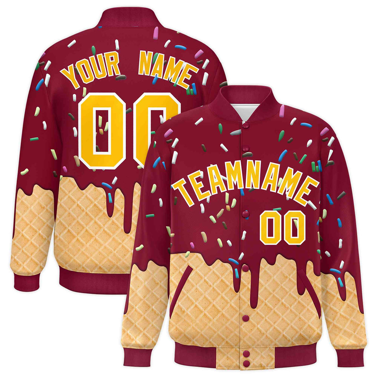 Custom Crimson Ice Cream Cone Graffiti Pattern Full-Snap Varsity Letterman Jackets