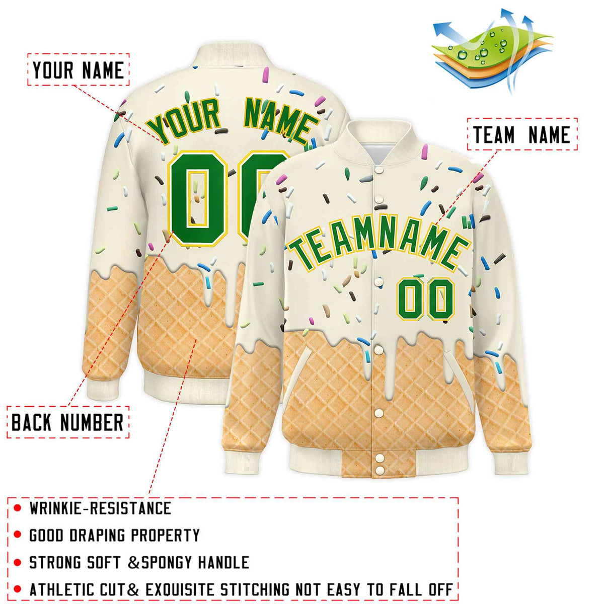 Custom Cream Ice Cream Cone Graffiti Pattern Full-Snap Varsity Letterman Jackets