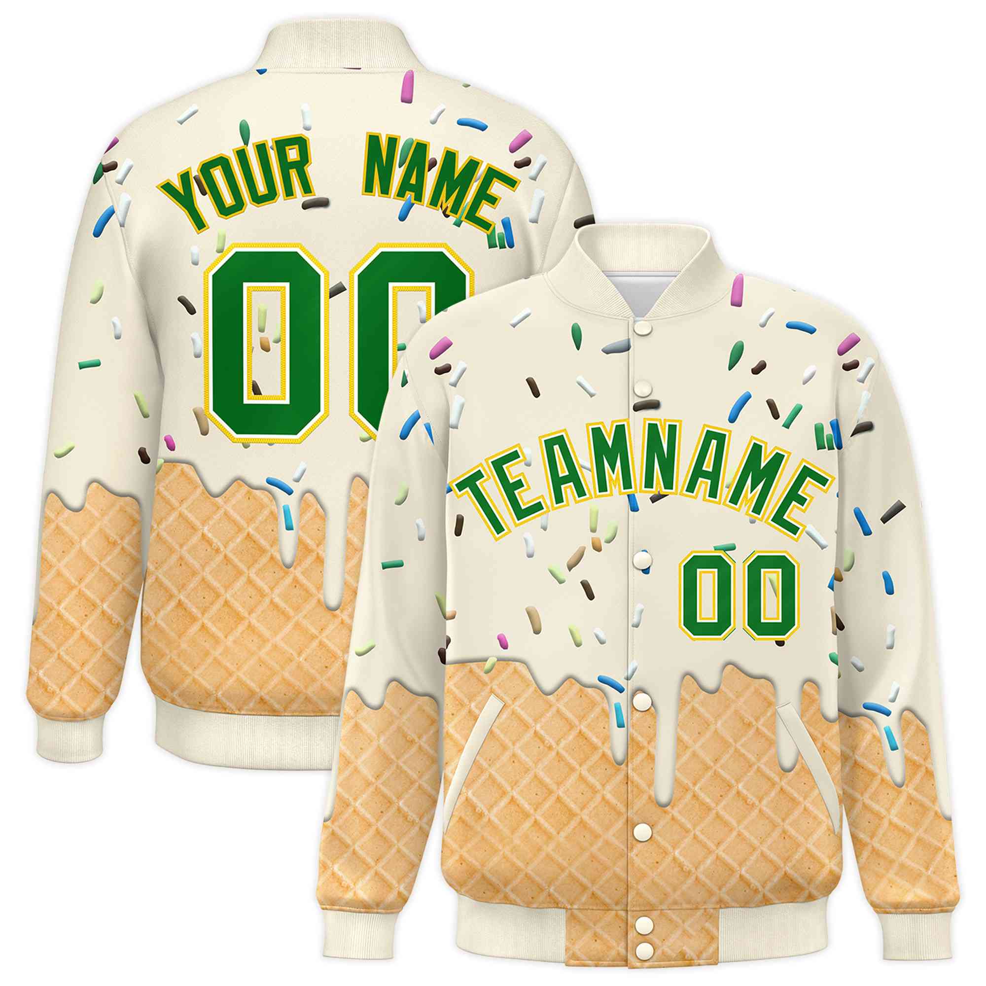 Custom Cream Ice Cream Cone Graffiti Pattern Full-Snap Varsity Letterman Jackets
