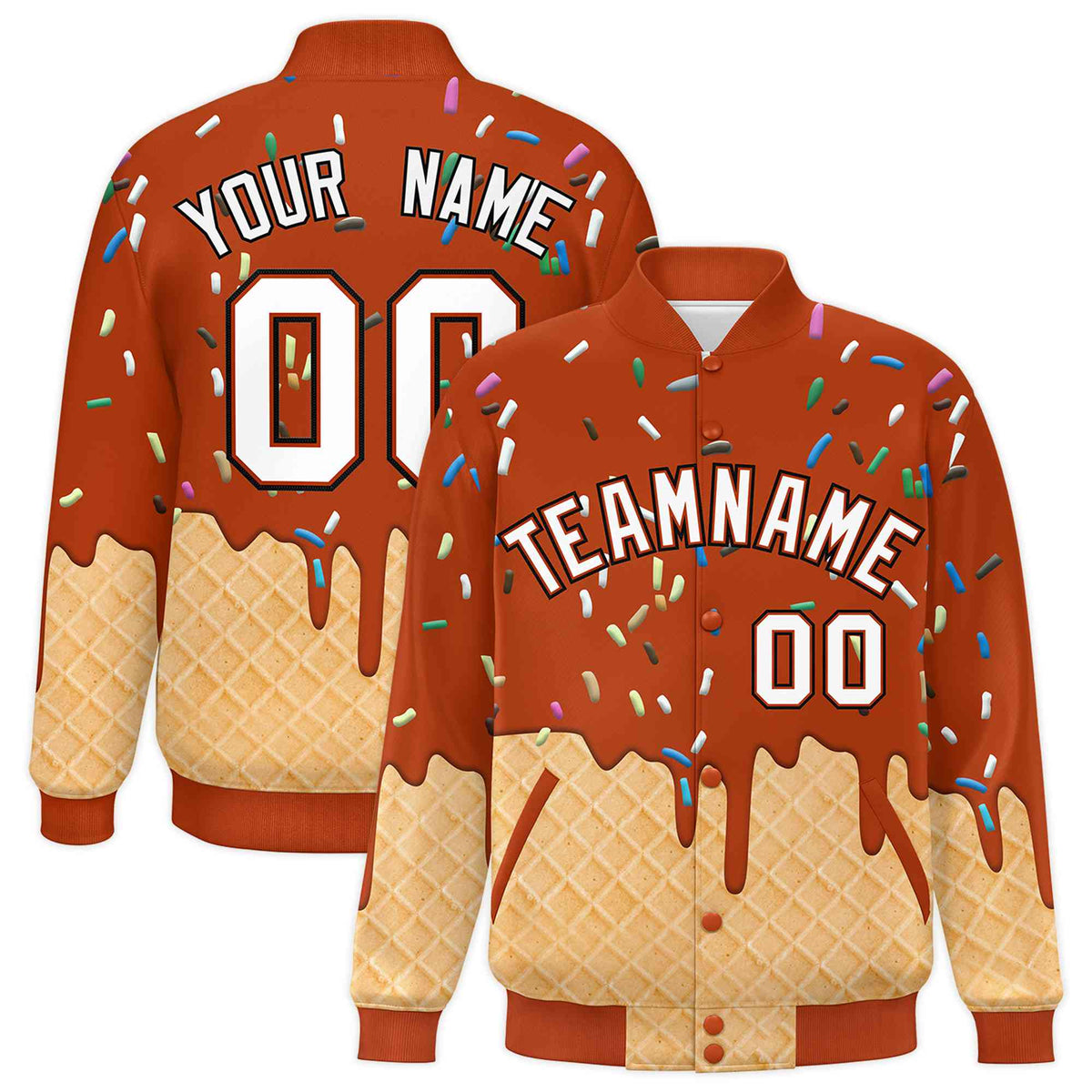 Custom Dark Orange Ice Cream Cone Graffiti Pattern Full-Snap Varsity Letterman Jackets