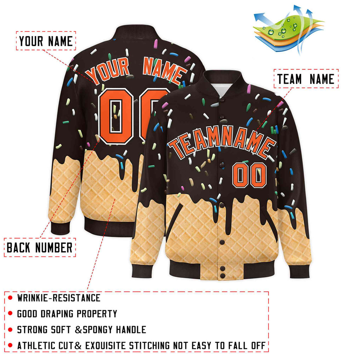 Custom Brown Ice Cream Cone Graffiti Pattern Full-Snap Varsity Letterman Jackets