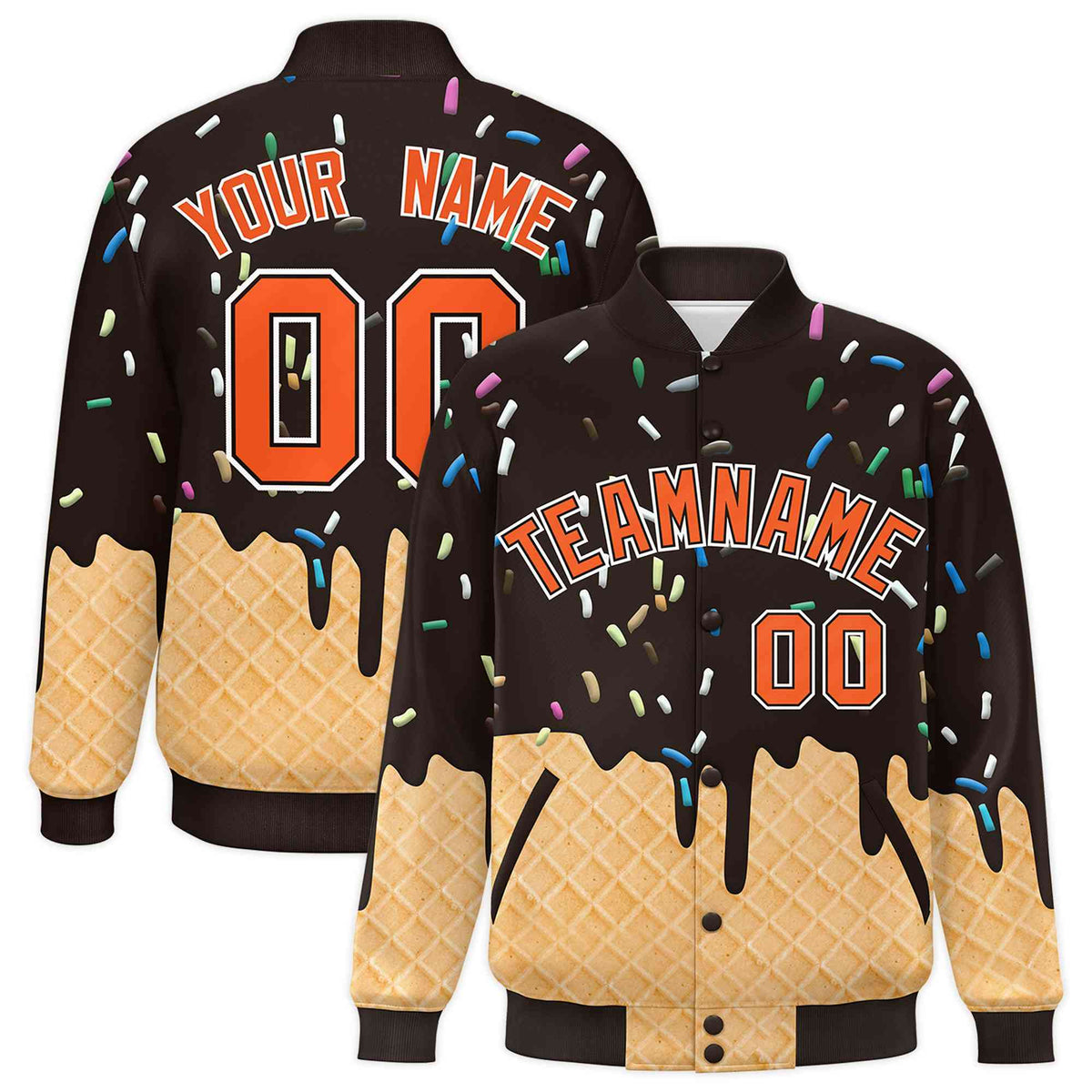 Custom Brown Ice Cream Cone Graffiti Pattern Full-Snap Varsity Letterman Jackets