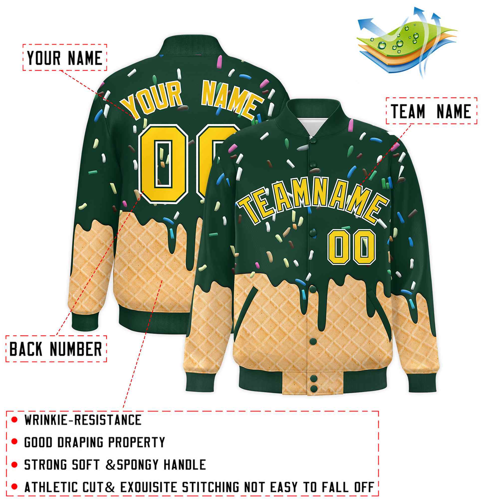 Custom Green Ice Cream Cone Graffiti Pattern Full-Snap Varsity Letterman Jackets