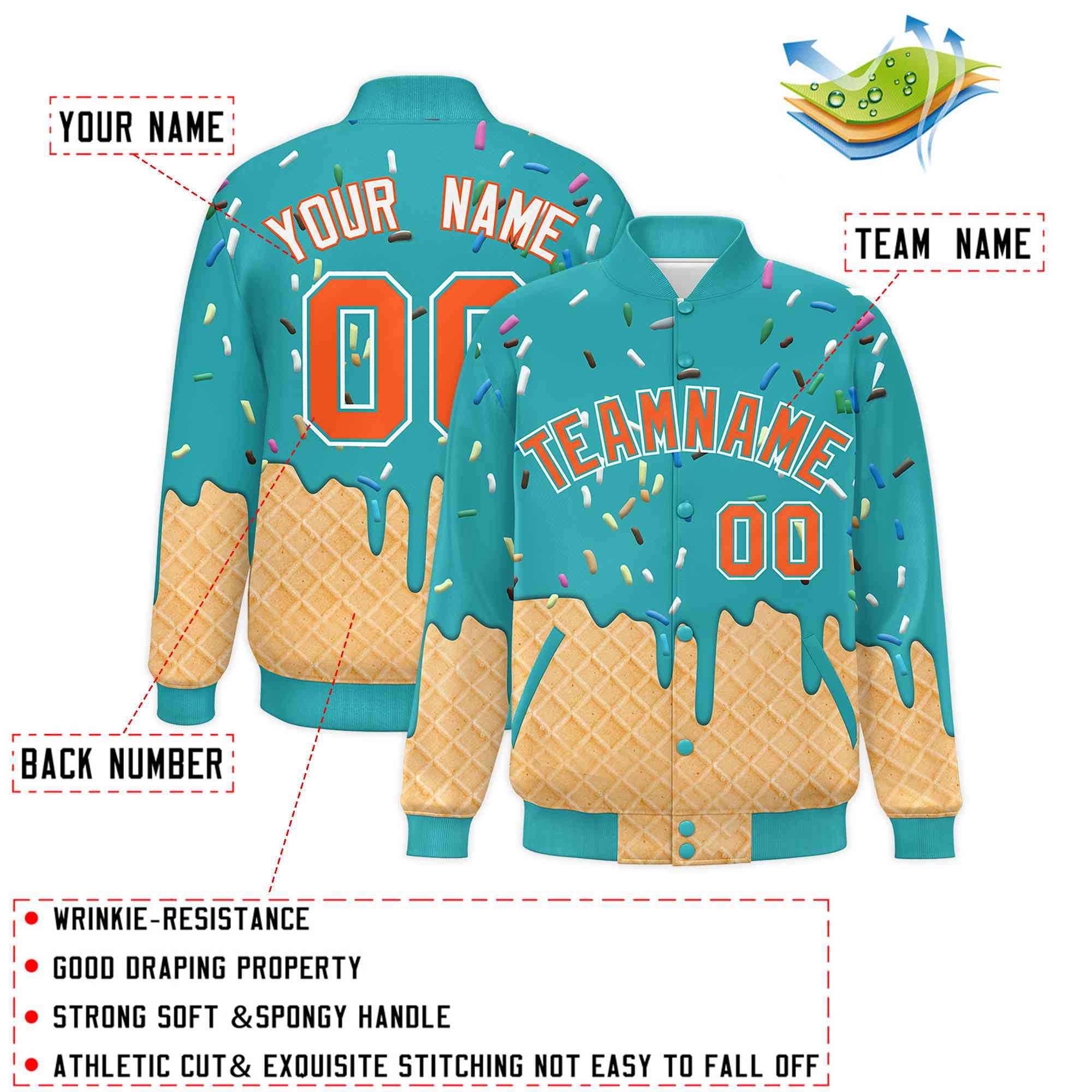 Custom Aqua Ice Cream Cone Graffiti Pattern Full-Snap Varsity Letterman Jackets