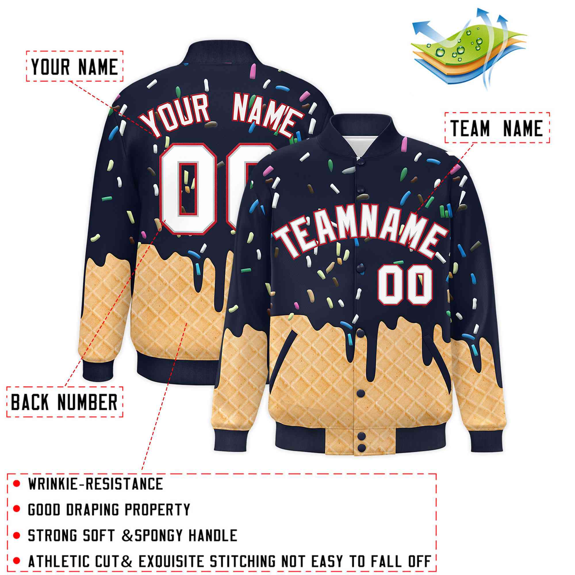 Custom Navy Ice Cream Cone Graffiti Pattern Full-Snap Varsity Letterman Jackets