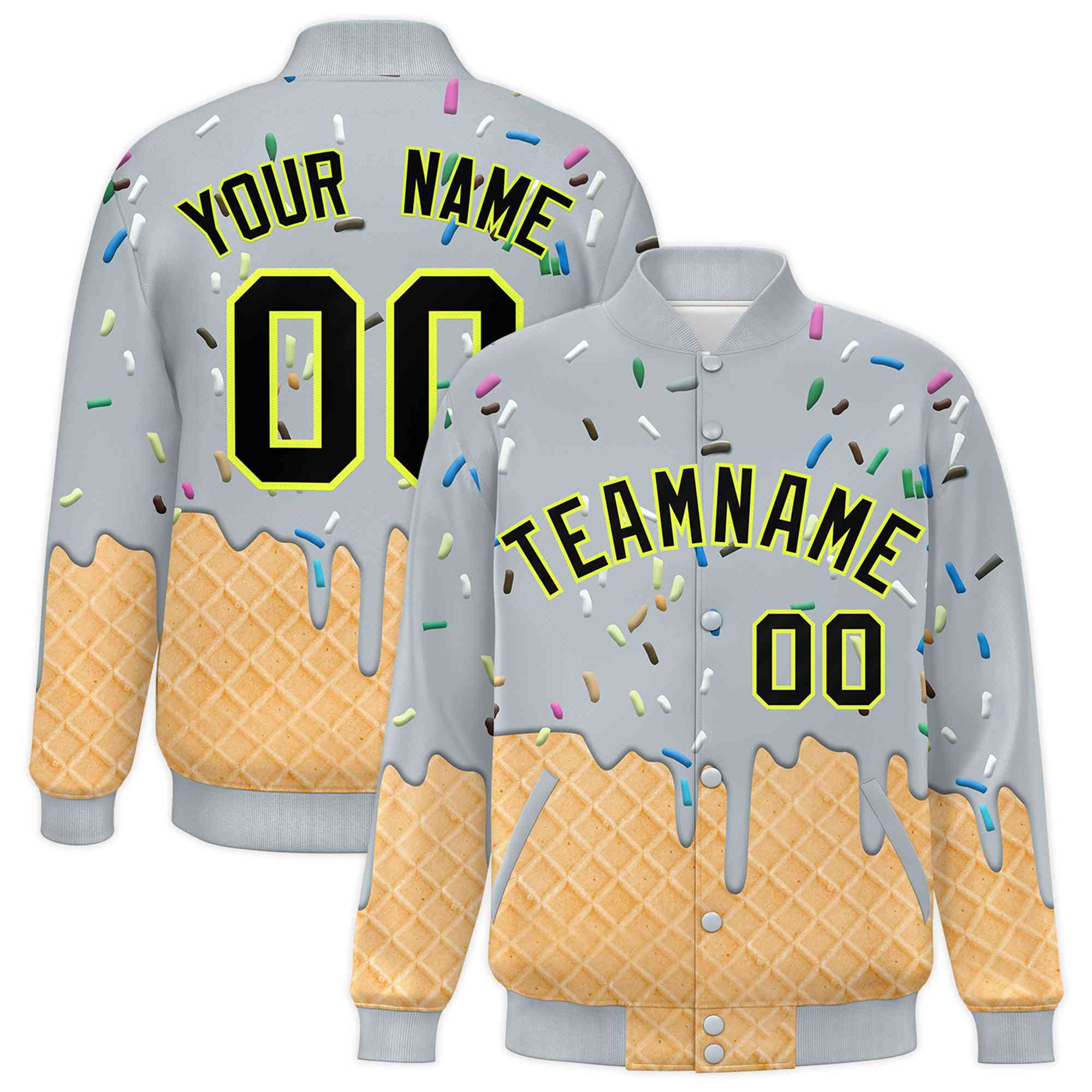 Custom Silver Ice Cream Cone Graffiti Pattern Full-Snap Varsity Letterman Jackets