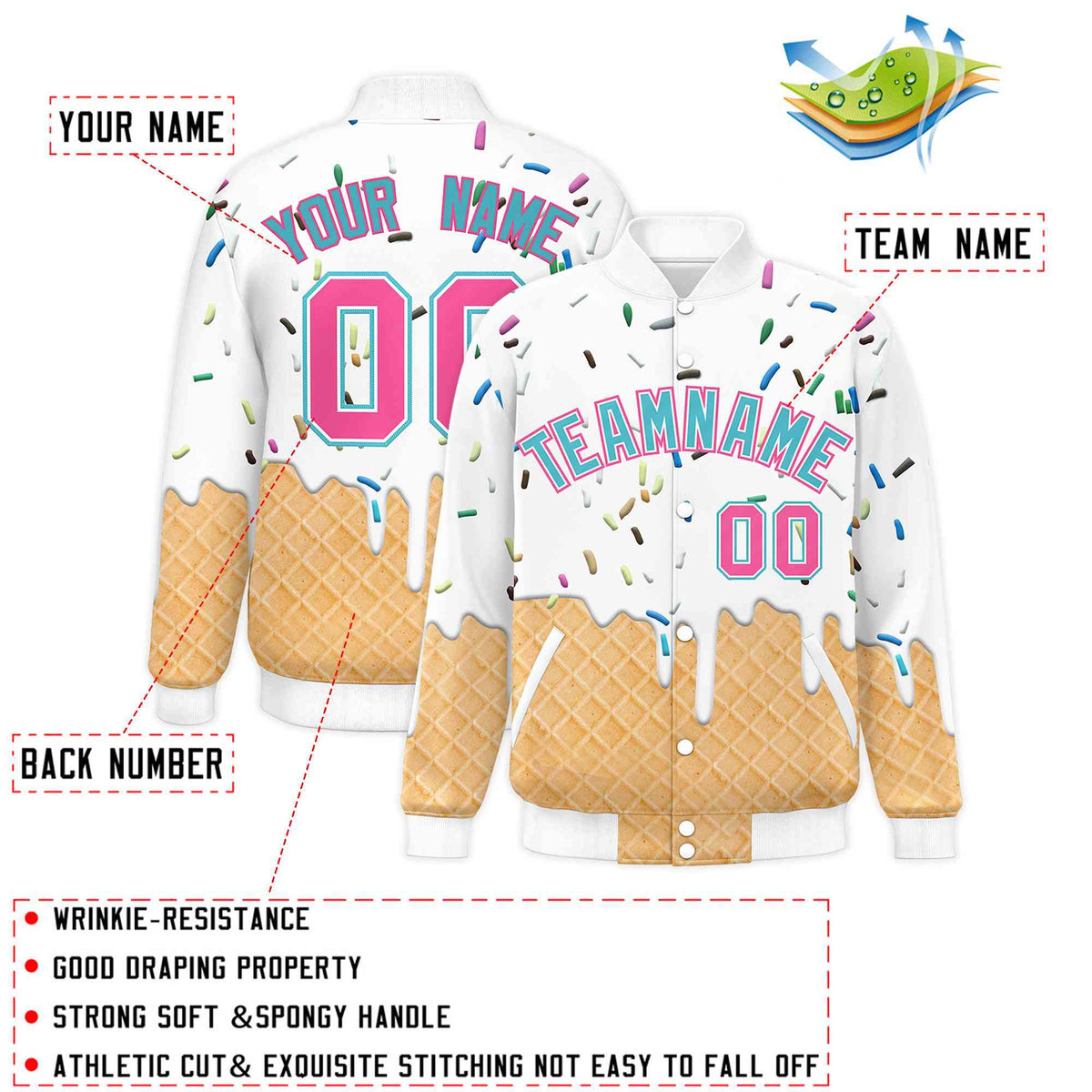 Custom White Ice Cream Cone Graffiti Pattern Full-Snap Varsity Letterman Jackets