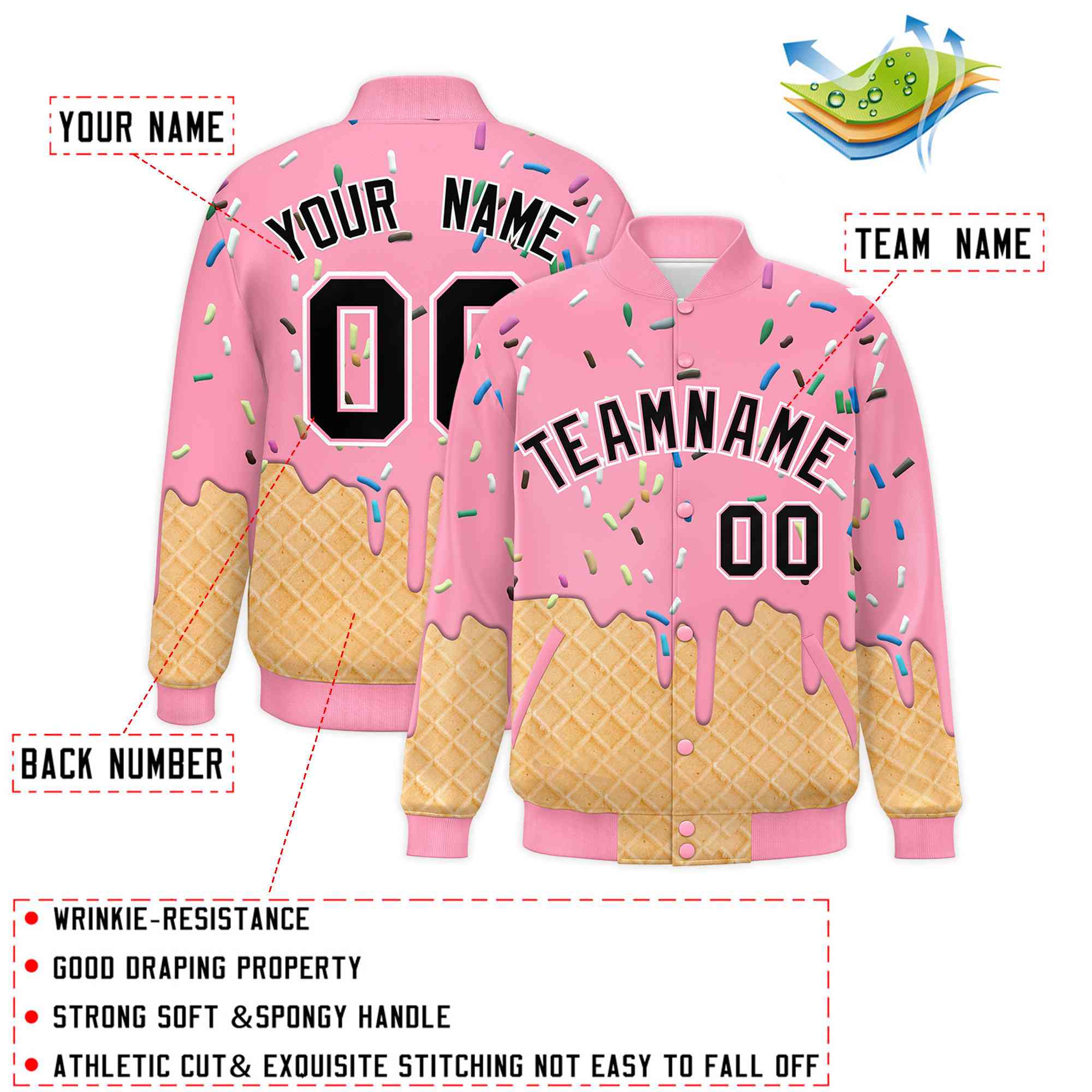 Custom Light Pink Ice Cream Cone Graffiti Pattern Full-Snap Varsity Letterman Jackets