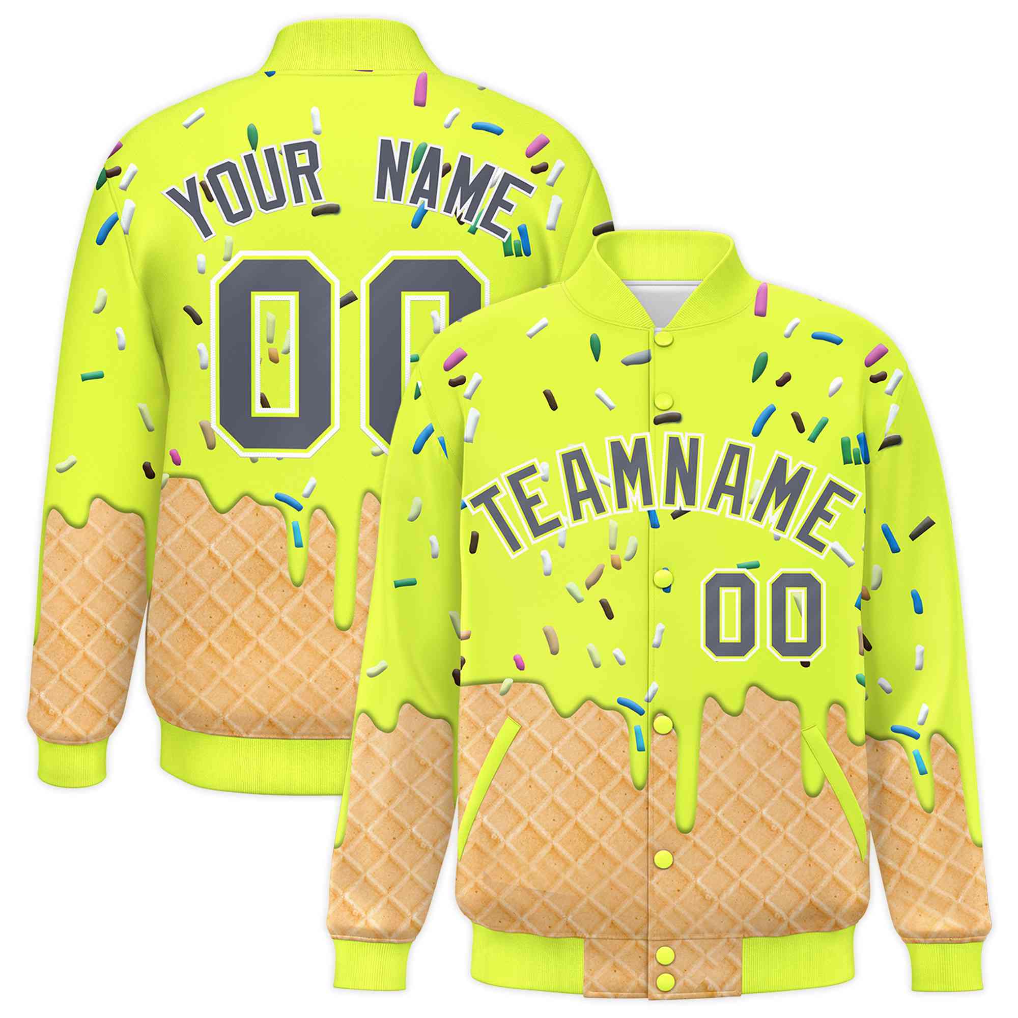 Custom Fluorescent Green Ice Cream Cone Graffiti Pattern Full-Snap Varsity Letterman Jackets