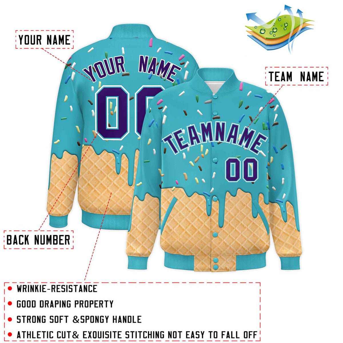Custom Sky Blue Ice Cream Cone Graffiti Pattern Full-Snap Varsity Letterman Jackets