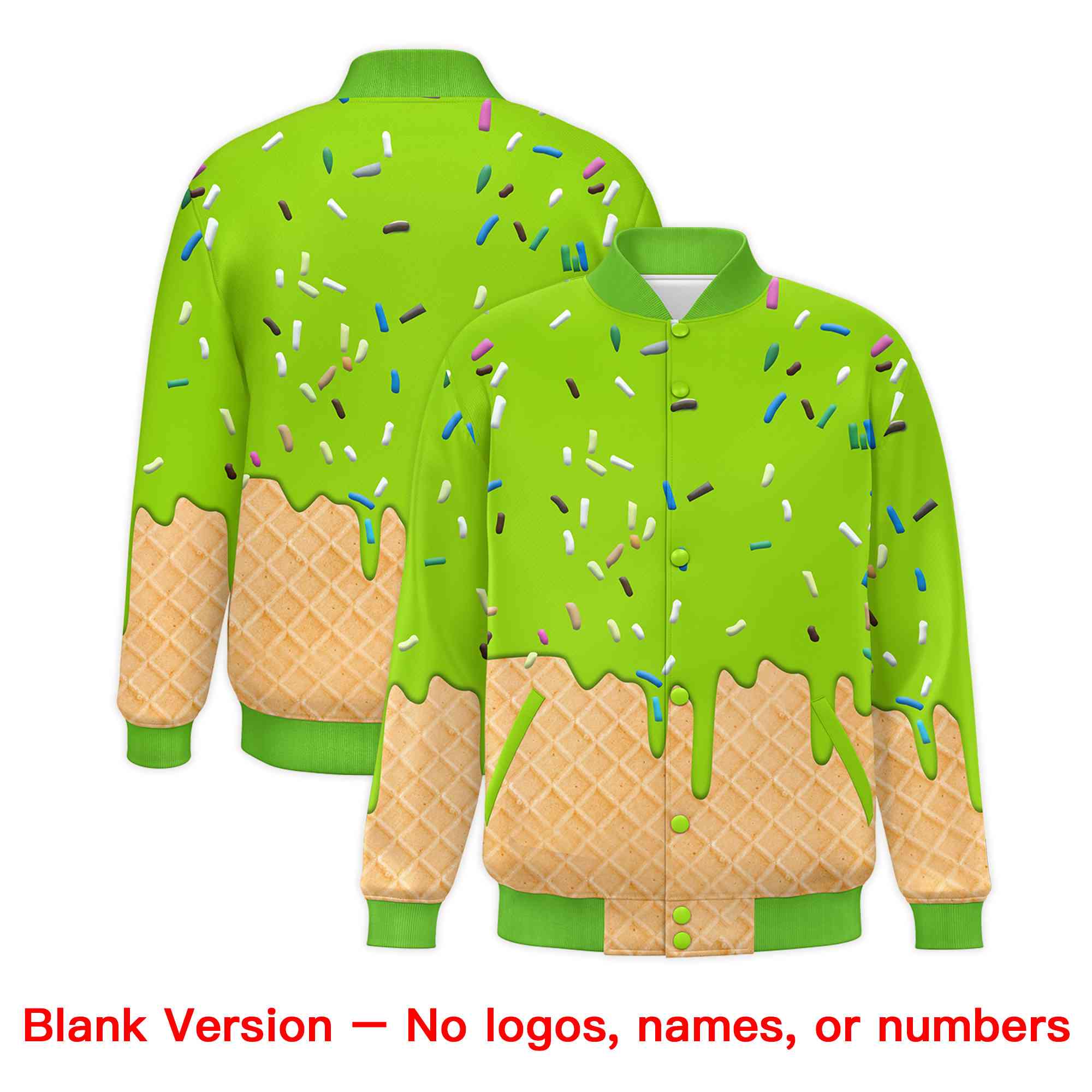 Custom Neon Green Ice Cream Cone Graffiti Pattern Full-Snap Varsity Letterman Jackets| KXKSHOP