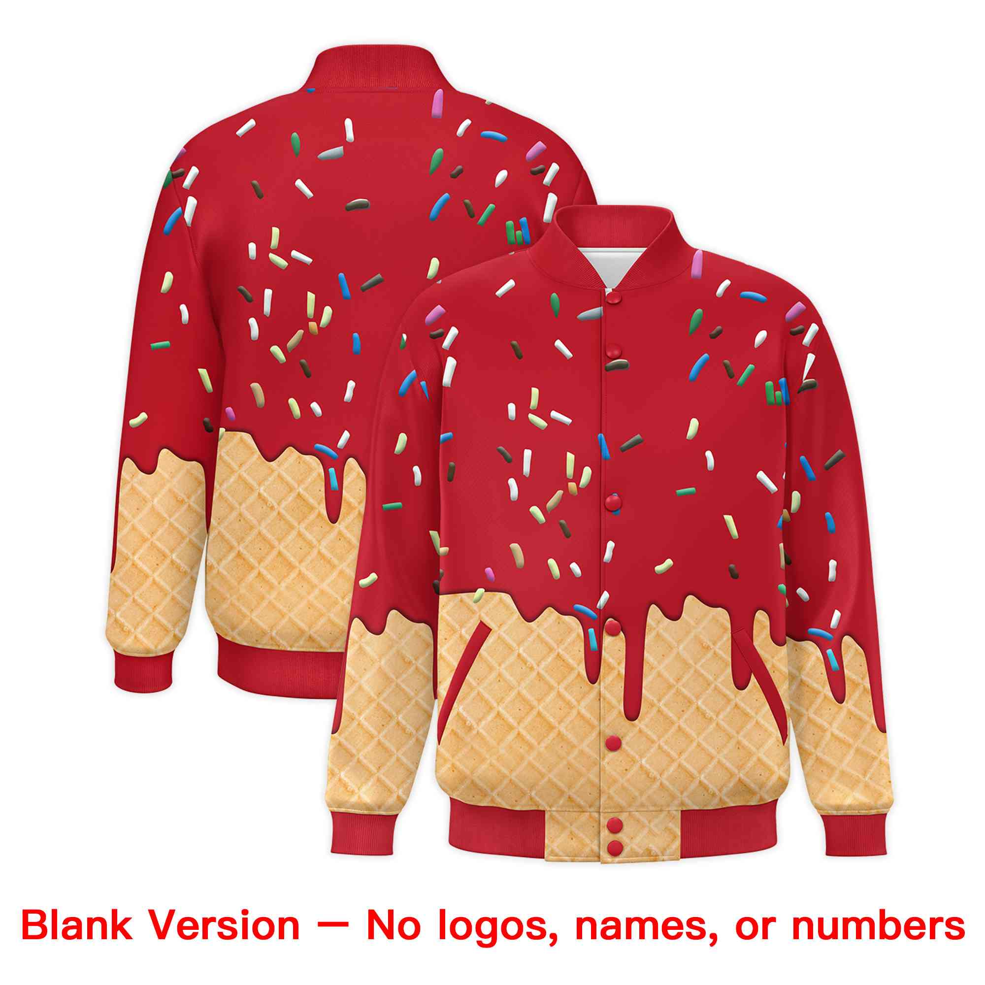 Custom Red Ice Cream Cone Graffiti Pattern Full-Snap Varsity Letterman Jackets| KXKSHOP