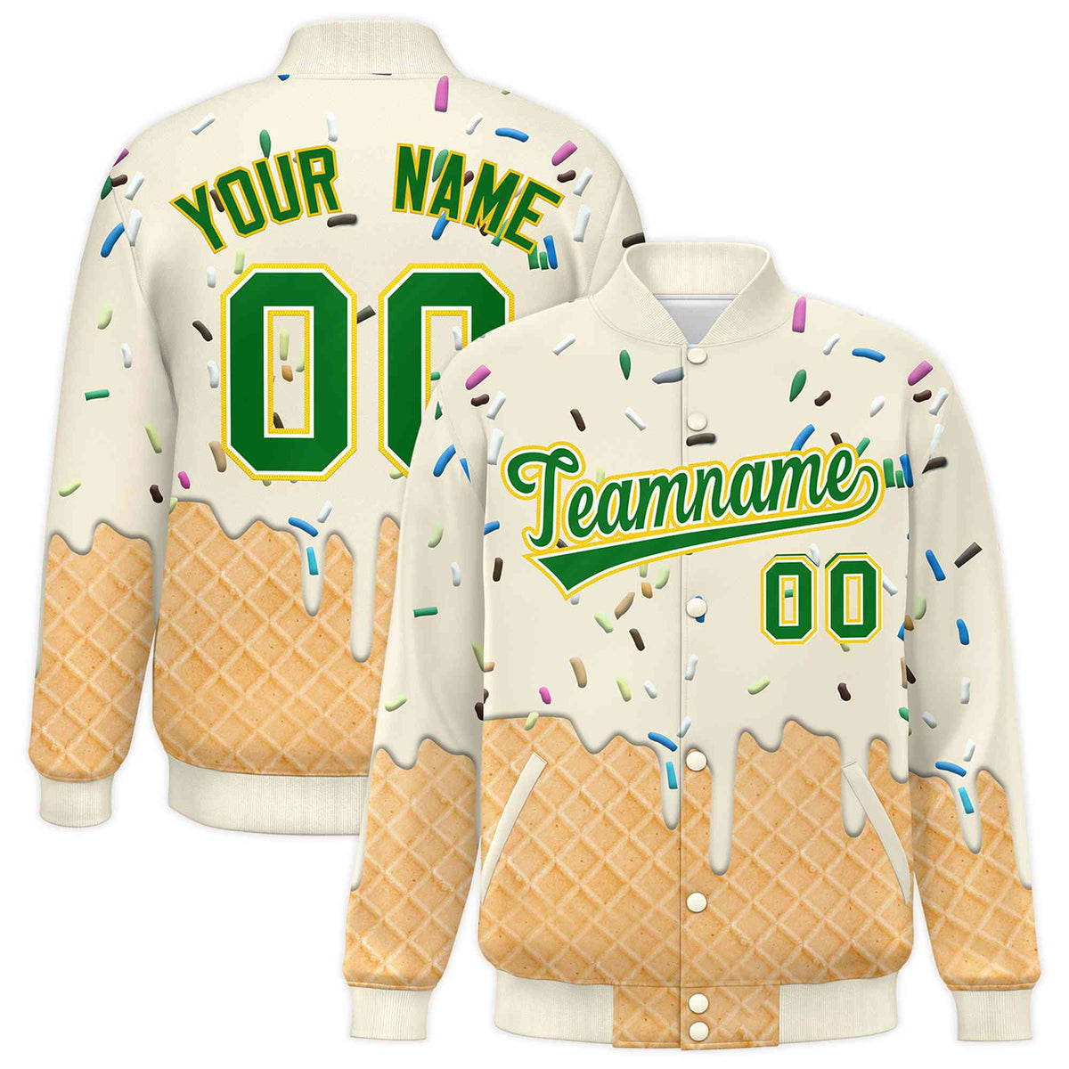 Custom Cream Ice Cream Cone Graffiti Pattern Full-Snap Varsity Letterman Jackets| KXKSHOP
