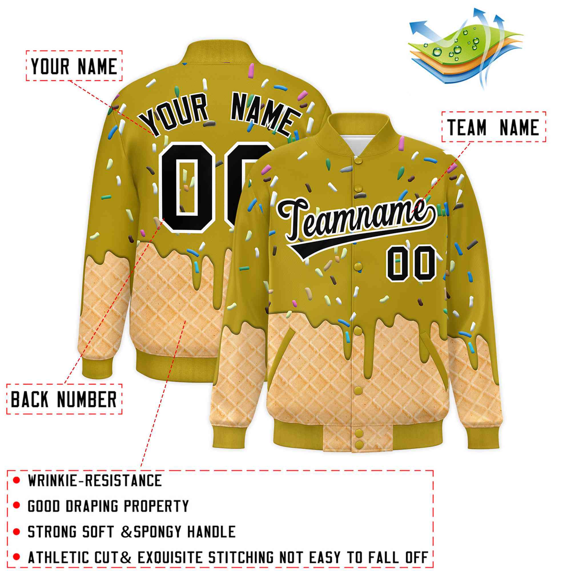 Custom Old Gold Ice Cream Cone Graffiti Pattern Full-Snap Varsity Letterman Jackets| KXKSHOP