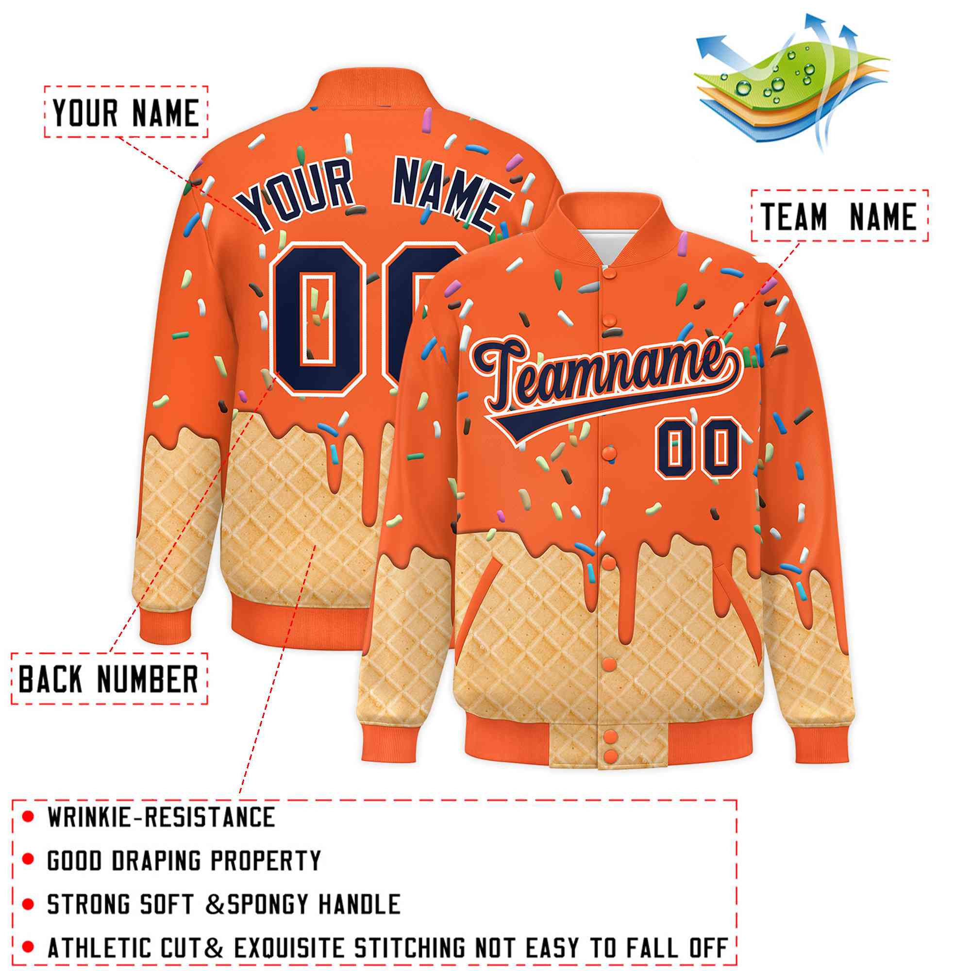 Custom Orange Ice Cream Cone Graffiti Pattern Full-Snap Varsity Letterman Jackets| KXKSHOP