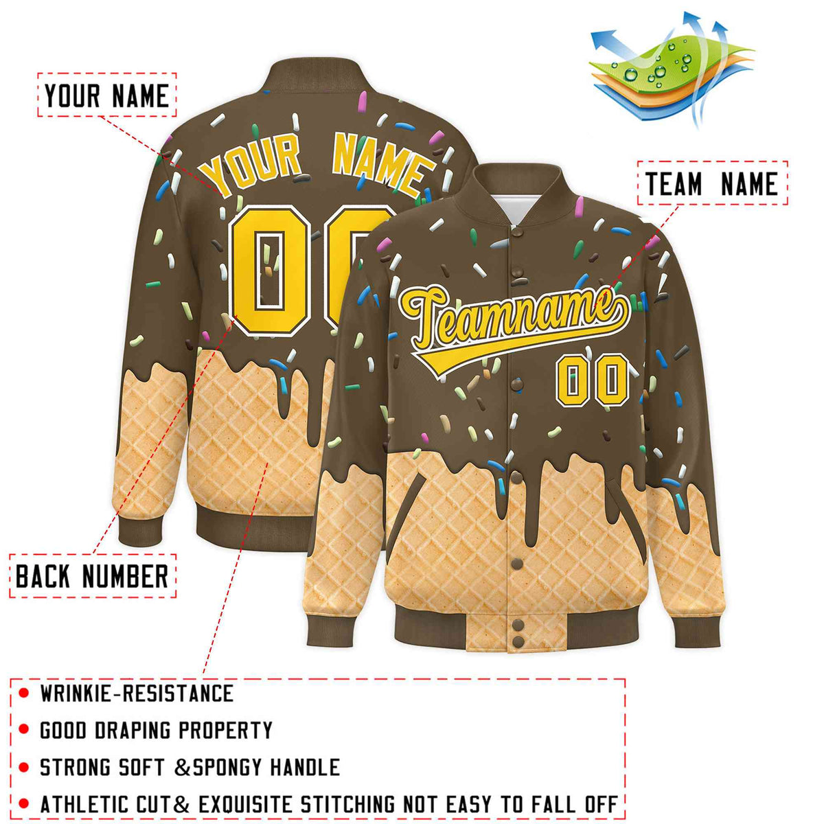 Custom Light Brown Ice Cream Cone Graffiti Pattern Full-Snap Varsity Letterman Jackets| KXKSHOP