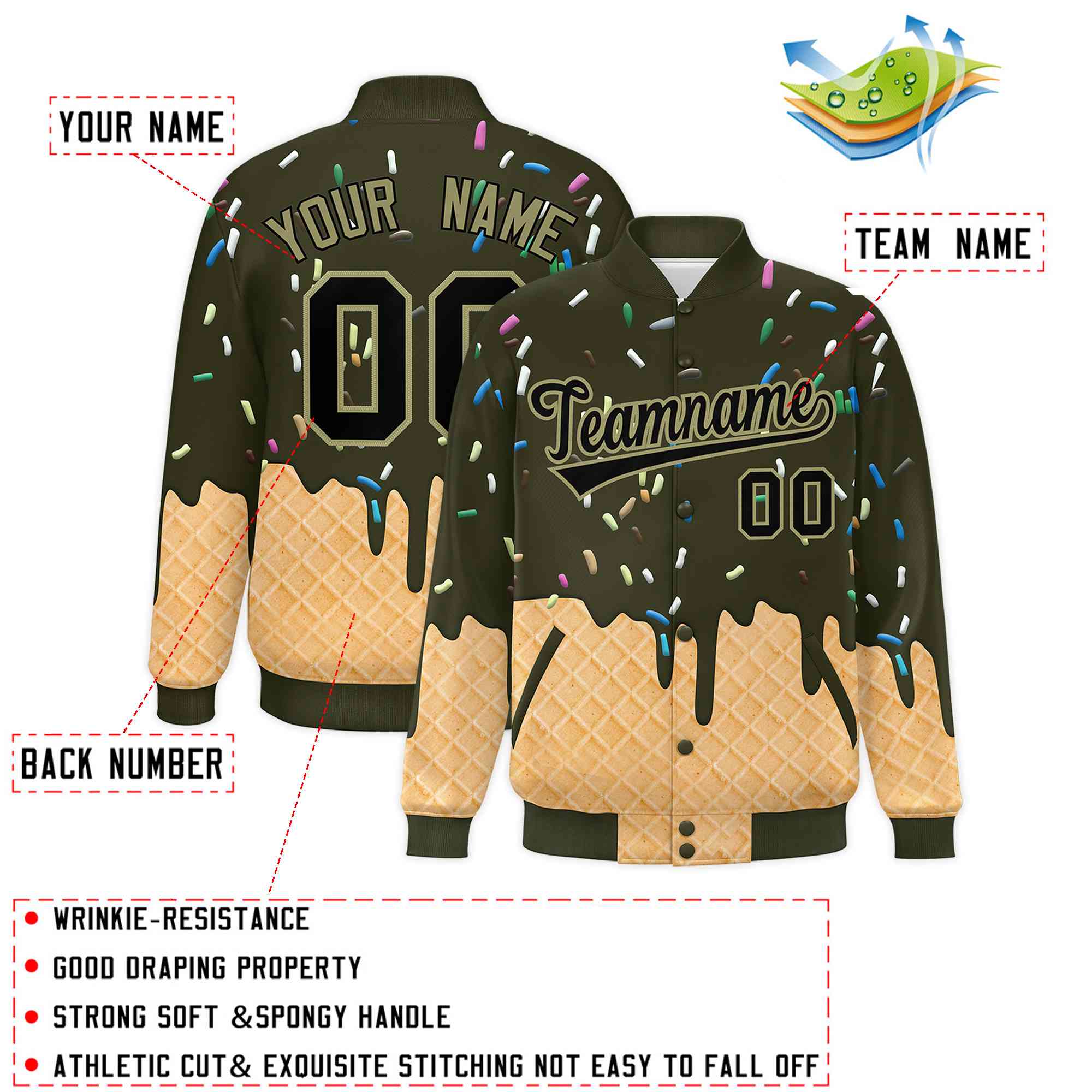 Custom Olive Ice Cream Cone Graffiti Pattern Full-Snap Varsity Letterman Jackets| KXKSHOP